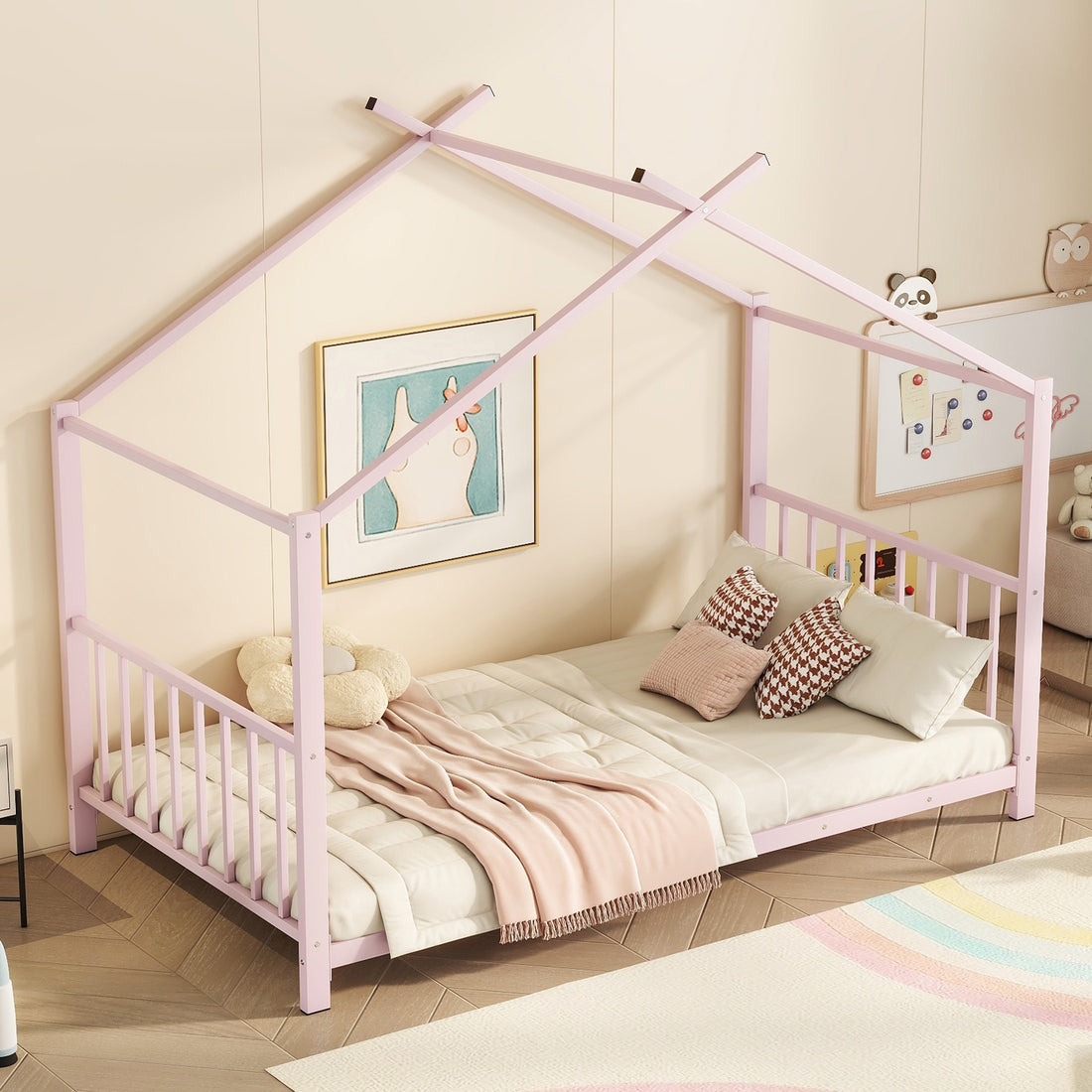 Twin Size Metal House Platform Bed, Pink Box Spring Not Required Twin Pink Metal Bedroom Bed Frame Metal