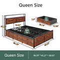 Queen Bed Frame With Storage Headboard And 12 Drawers Led Lights, Metal Platform Non Slip Without Noise Mattress Foundation Strong Metal Slats Support,No Box Spring Needed Box Spring Not Required Queen Rustic Brown Metal Brown Bedroom Bed Frame Wood