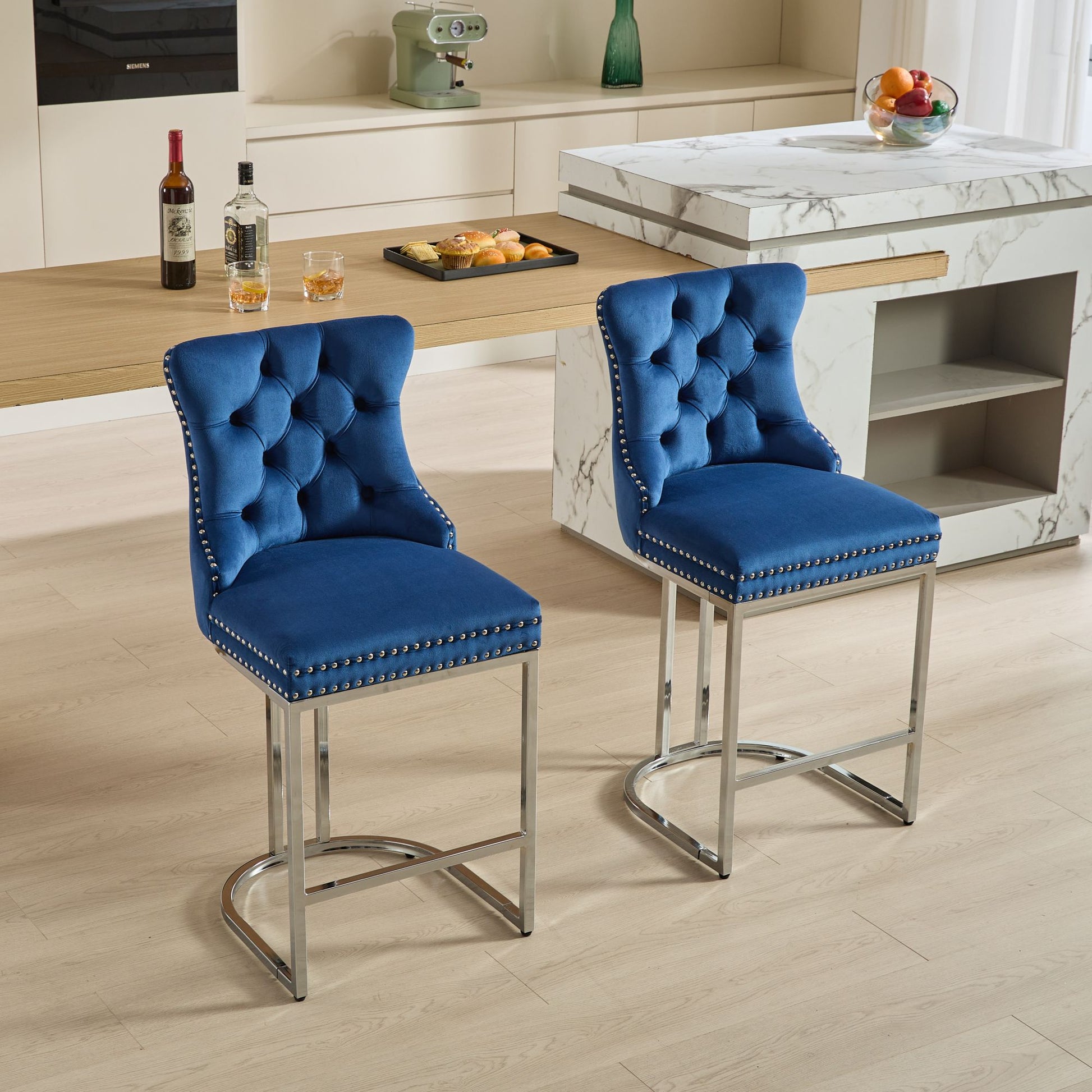 25" Counter Height Bar Stools Set Of 2, Modern Velvet Barstools With Button Back&Rivet Trim Upholstered Kitchen Island Chairs With Sturdy Chromed Metal Base Legs Farmhouse Bar Stools, Blue,2 Pack