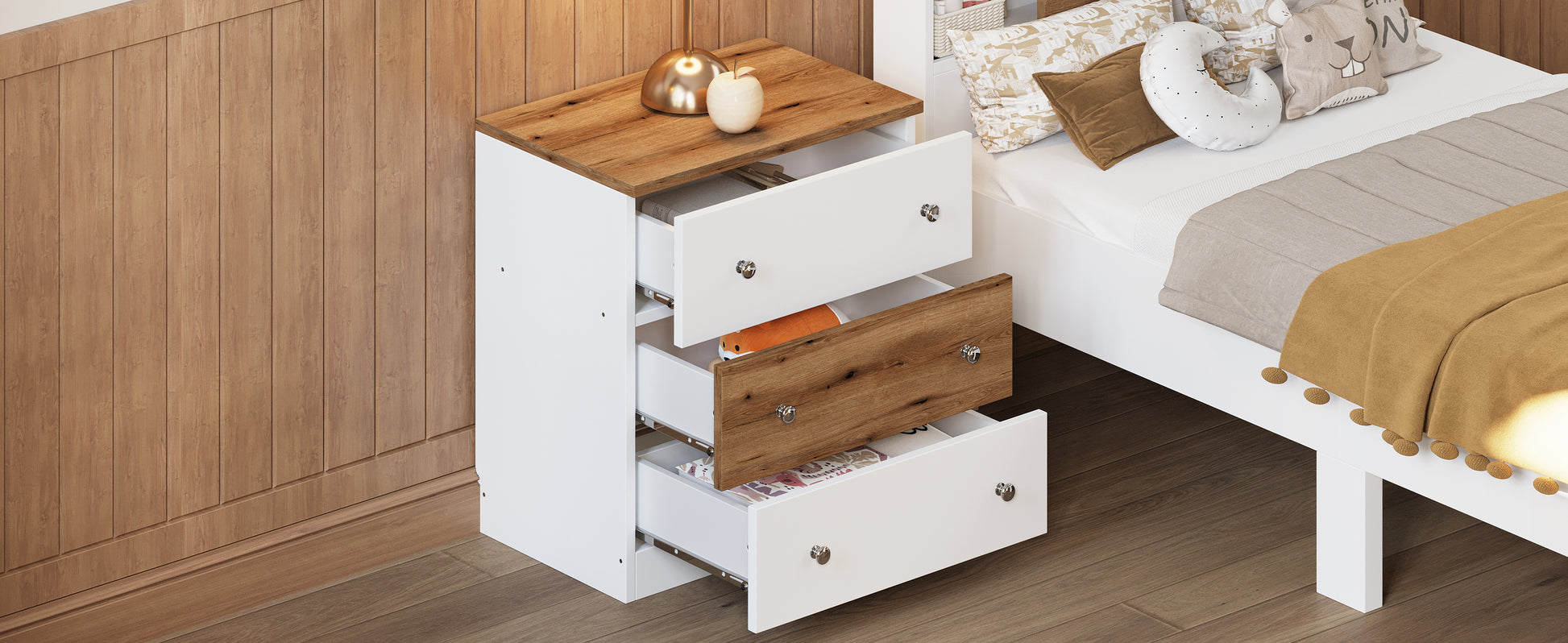 3 Drawer Wooden Nightstand With Colorblock Design And Plastic Handle, Wood Side Table With Storage Cabinet For Bedroom, White Brown Brown White Wood