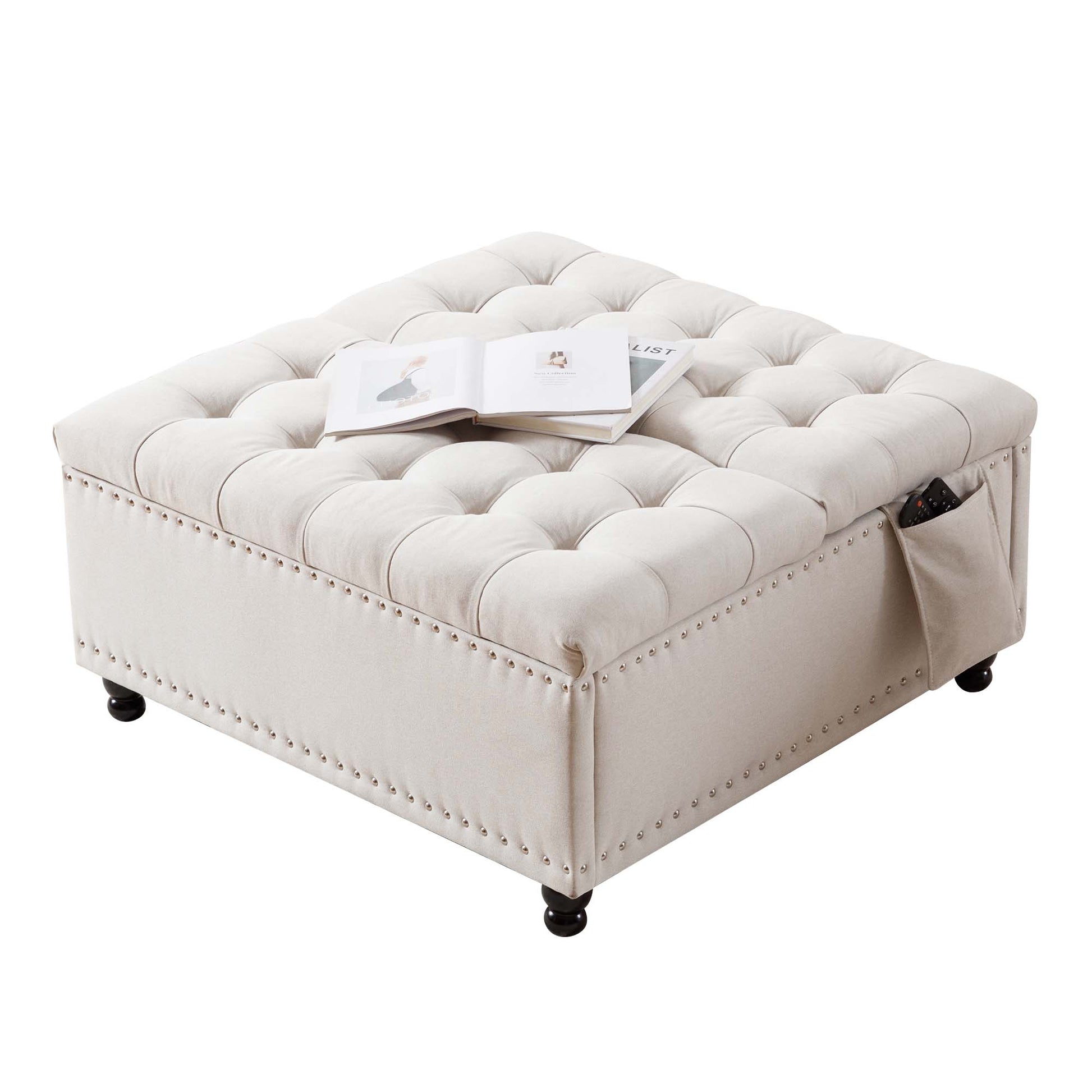 35 Inch Extra Large Storage Ottoman Coffee Table With Lift Top,Tufted Upholstered Ottoman For Living Room,Bedroom Ivory Wood Fabric