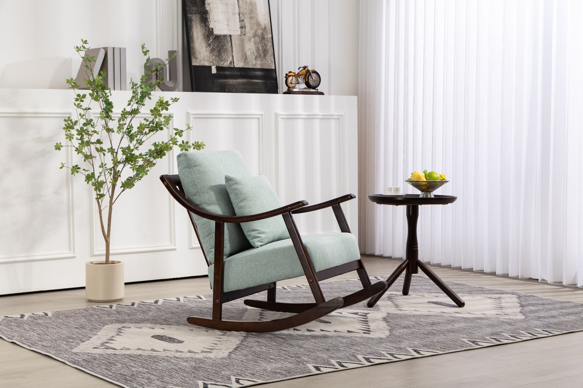 Woven Fabric Mid Century Modern Accent Chairs Comfy Upholstered Glider Arm Chair With Solid Wood For Living Room Bedroom Balcony Light Green Linen