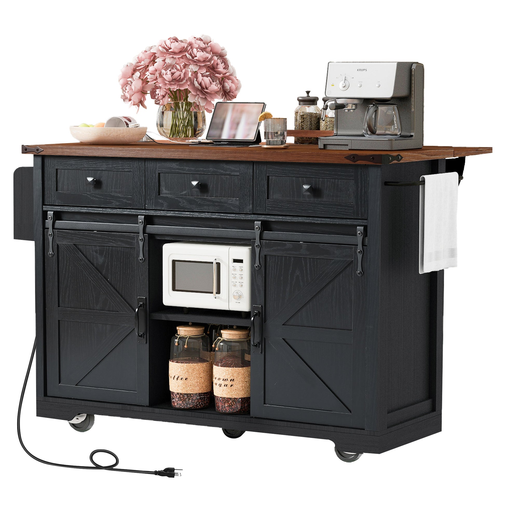 K&K 53.7" Farmhouse Kitchen Island With Power Outlet, 2 Sliding Barn Door Kitchen Storage Island With Drop Leaf, Spice Rack Rolling Kitchen Cart On Wheels, For Home, Kitchen And Dining Room, Black