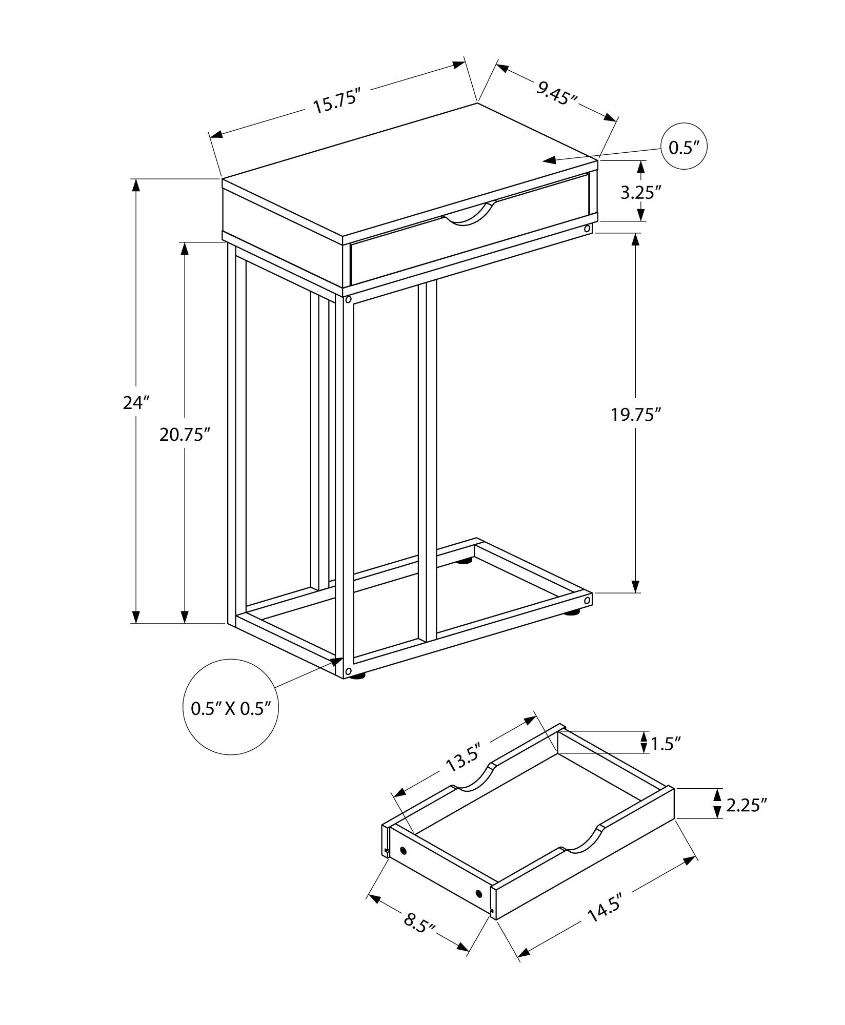 Accent Table, C Shaped, End, Side, Snack, Storage Drawer, Living Room, Bedroom, Natural Laminate, White Metal, Contemporary, Modern Natural Particle Board