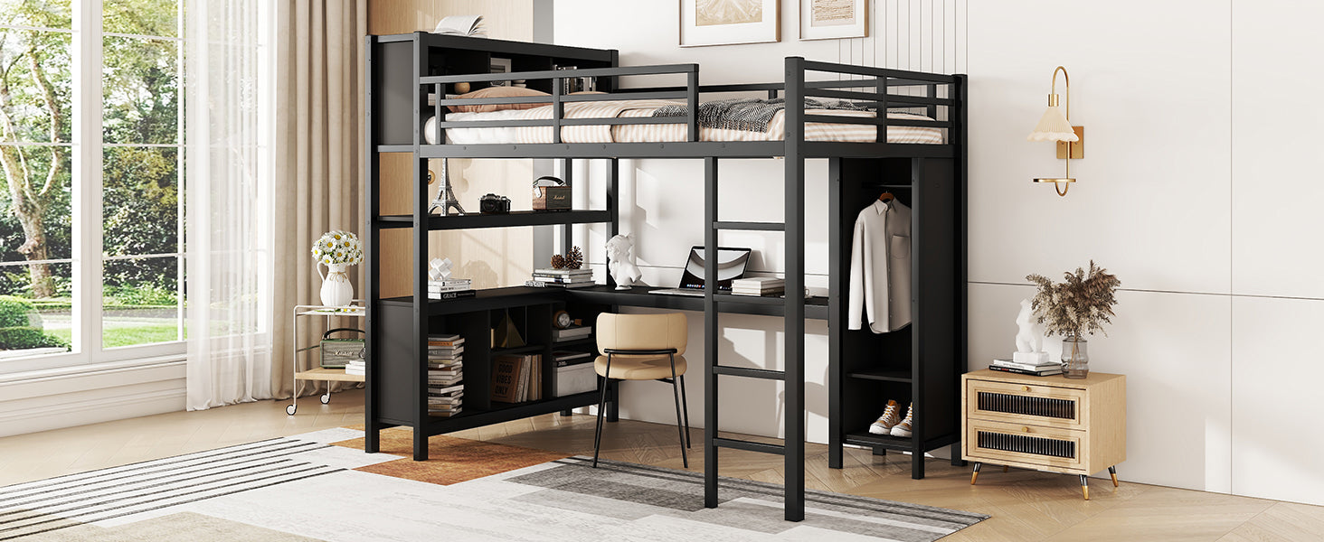 Metal Loft Bed With Wardrobe And L Shaped Desk, Full Size Loft Bed With Storage Cubes And Shelves, Heavy Duty Loft Bed For Kids Teens Adults, Black Full Black Metal
