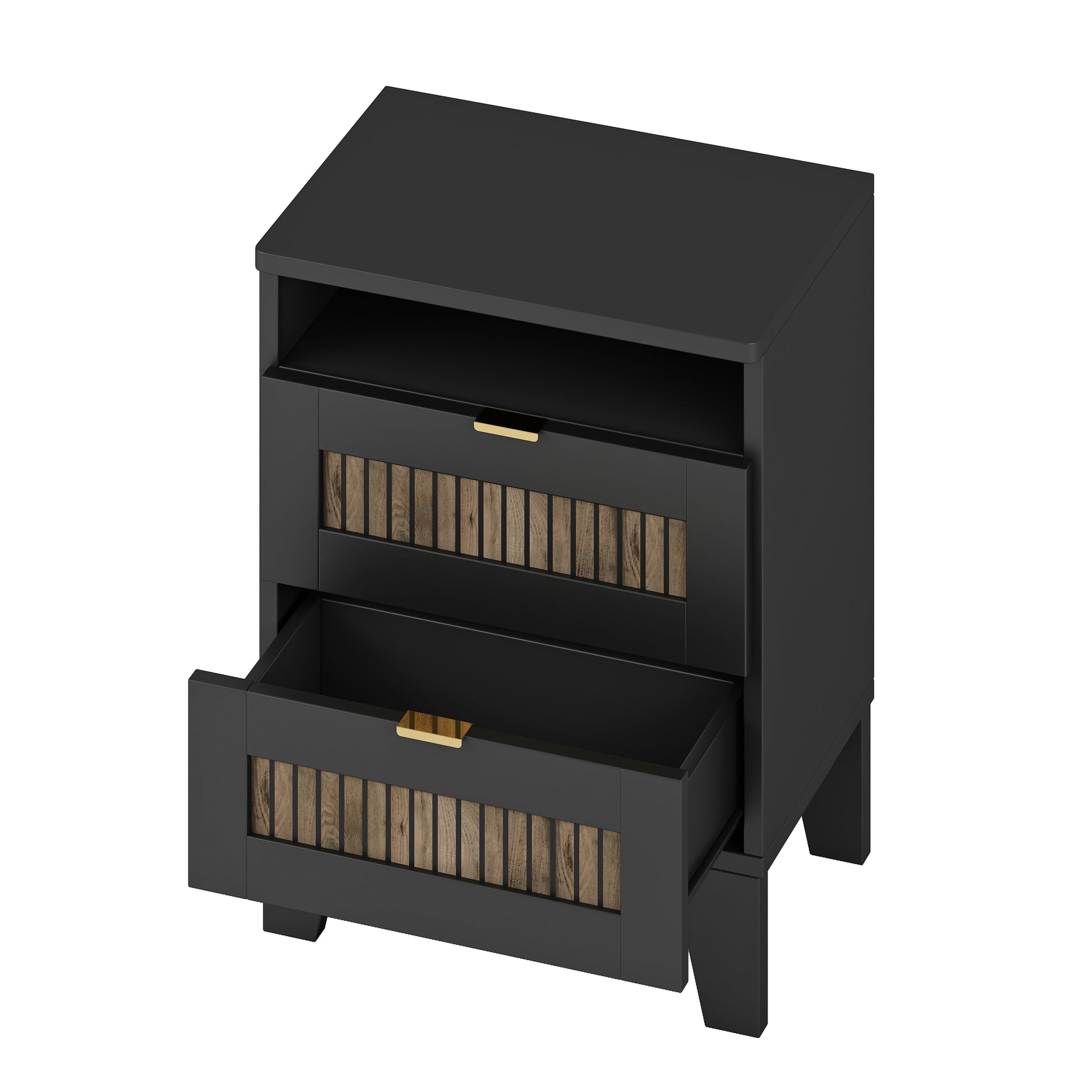 4 Pieces Bedroom Sets, Full Size Farmhouse Platform Bed With Wooden Strip Decoration, Storage Nightstand And Dresser With Metal Handle, Black Full Black 4 Piece Set Particle Board