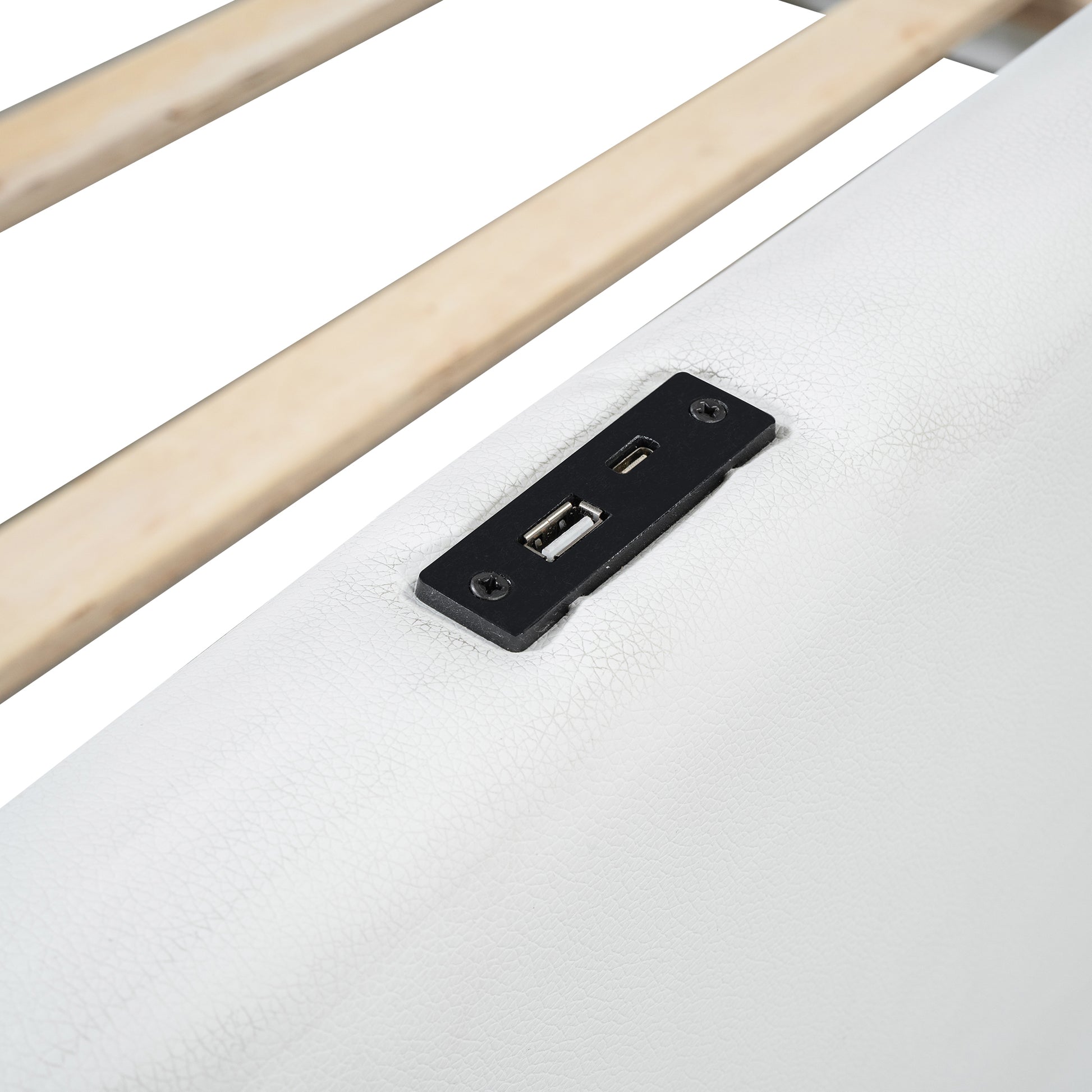 Twin Size Upholstered Platform Bed With Guardrail And Charging Station, White Box Spring Not Required Twin White Upholstered