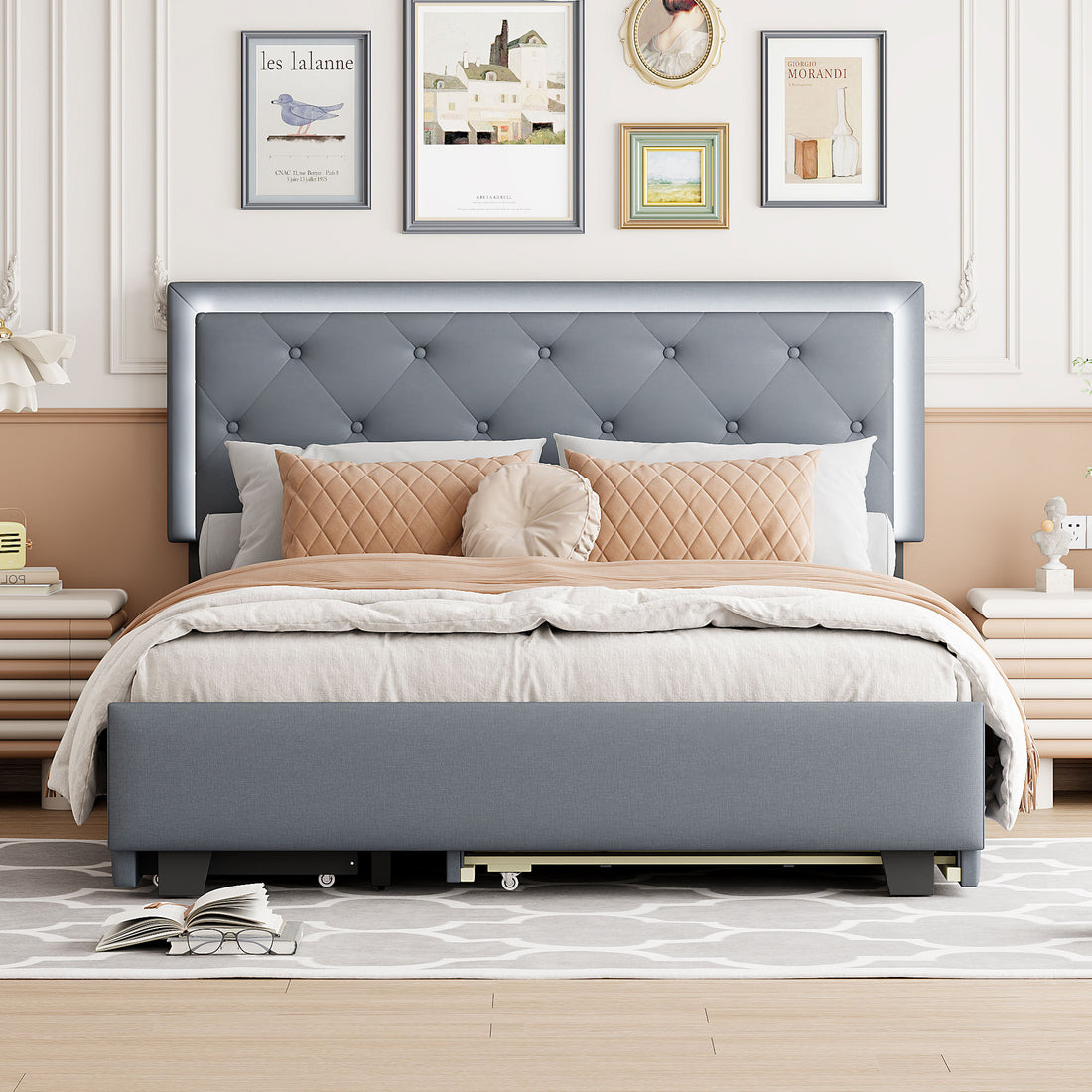 Queen Size Velvet Storage Platform Bed, With 2 Big Drawers, Twin Xl Size Trundle And Led Light, Gray Gray Velvet
