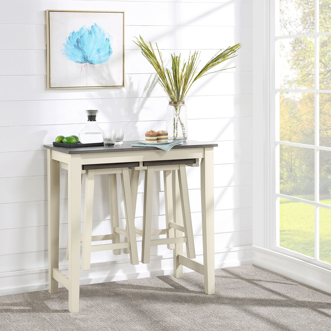 Grey Oak And Antique White 3 Piece Counter Height Set Grey White Kitchen Rubberwood Wood