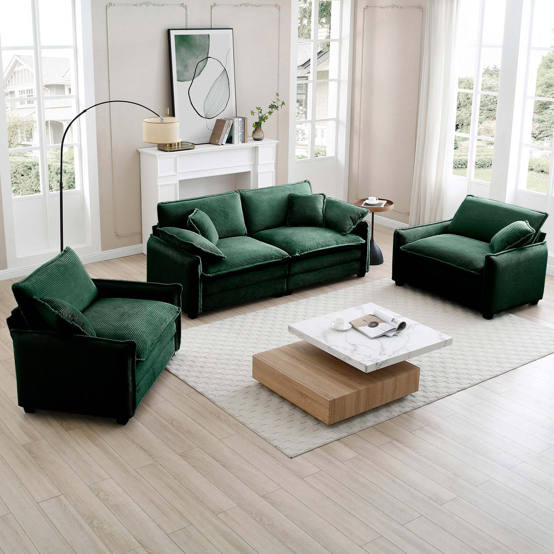 Luxurious And Sophisticated Sofa Set With Soft Cushions And Pillows, Sofa Set For Living Rooms And Clubs As Well As Home Theaters, Consisting Of Two Single Sofas And A 2 Seaters Sofas Ingreen Corduro Green Corduroy 4 Seat