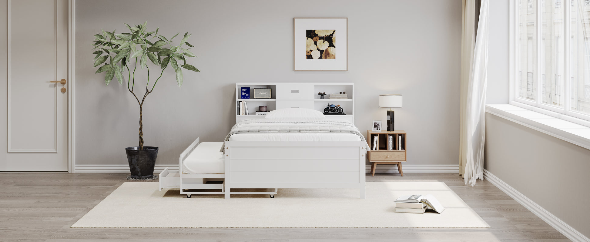 Full Size Captain Bed With Storage Bookcase Headboard,Captain Bed With Trundle And Three Storage Drawers For Kids Teens Dorm Bedroom Multipurpose Guest Room Or Home, White Box Spring Not Required Full White Wood Solid Wood Mdf