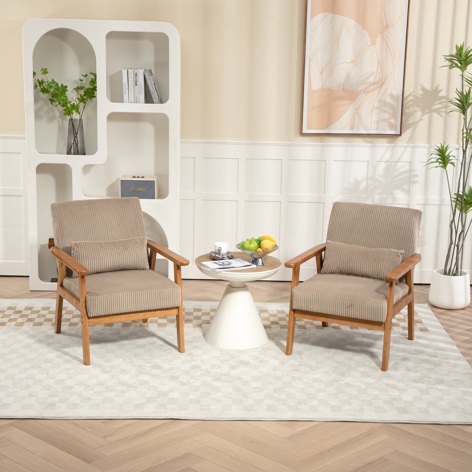 Leisure Chair With Solid Wood Armrest And Feet, Leisure Chair, Wood Frame, Velvet, Solid Rubber Wood Legs, Mid Century Modern Accent Chair, For Living Room Bedroom Studio Chair,Two Packs Camel Corduroy