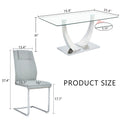 Table And Chair Set.Contemporary, Minimalist Rectangular Dining Table Featuring A Clear Tempered Glass Top And Sleek Silver Legs. Paried With Chairs Made Of Pu Material Cushion And Silver Metal Legs. Gray Seats 8 Glass Metal