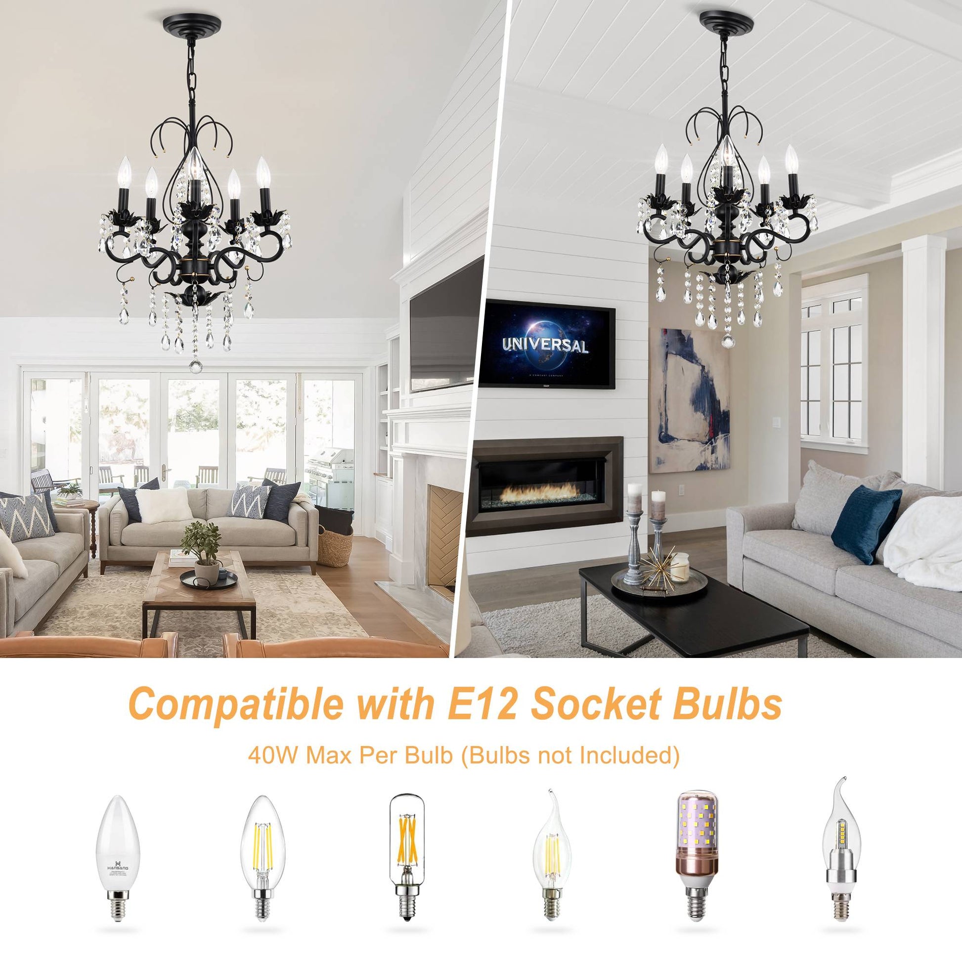 Classic Vintage Crystal Candle Chandeliers Lighting, 5 Lights Pendant Ceiling Fixture Lamp 5*E12*Max40W, No Include Bulb Chandelier For Living Room Dining Room Bedroom Hall Balcony Matte Black Gold Matte Black American Design,Luxury,Modern,Vintage Metal