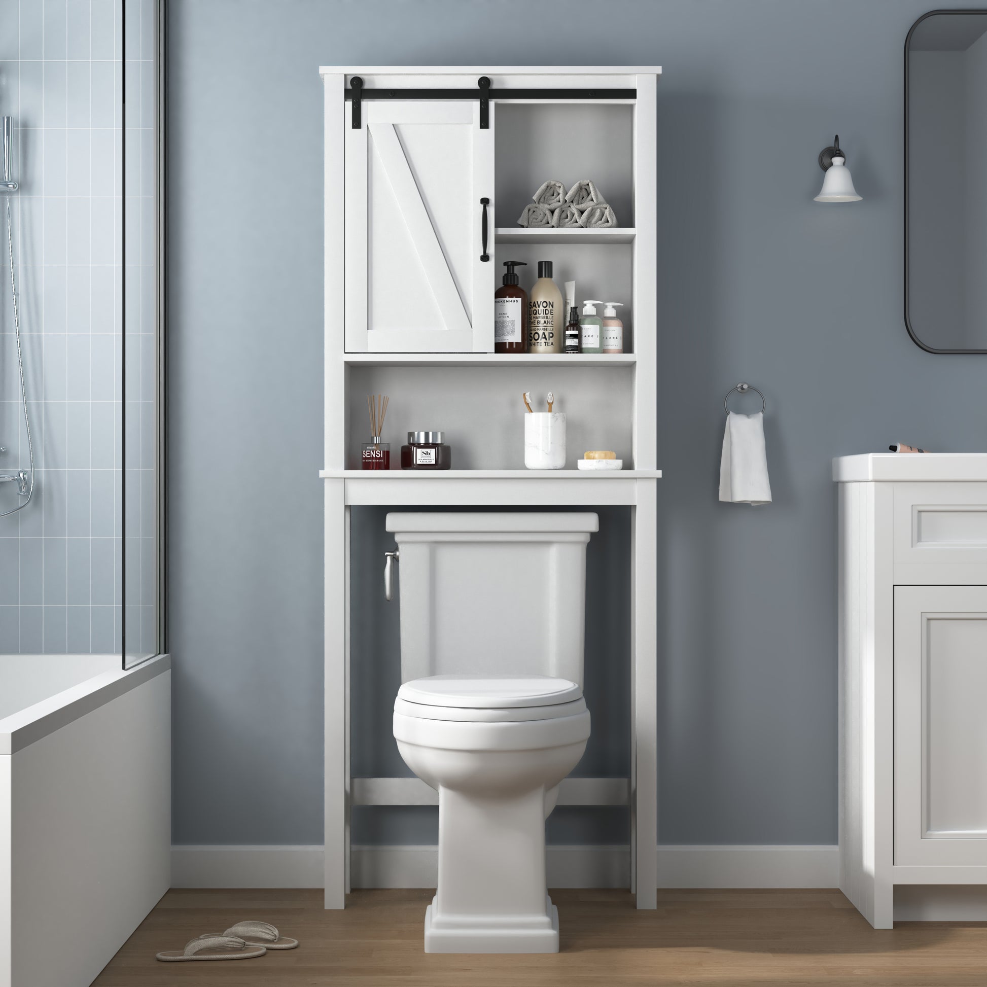 Over The Toilet Storage Cabinet, Space Saving Bathroom Cabinet, With Adjustable Shelves And A Barn Door 27.16 X 9.06 X 67 Inch White Mdf