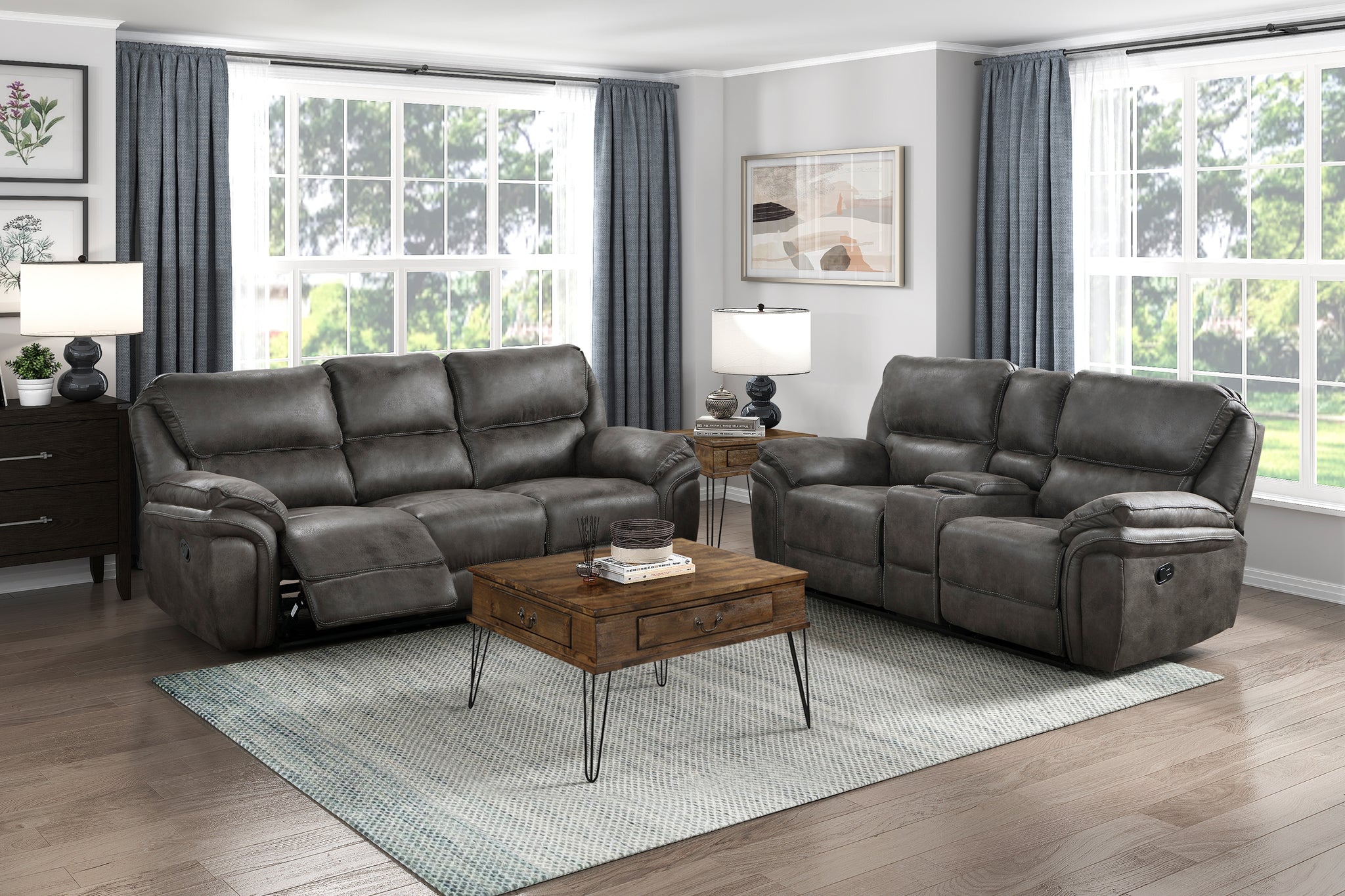 Plush Modern Living Room Sofa Set 2Pc Reclining Sofa And Loveseat Gray