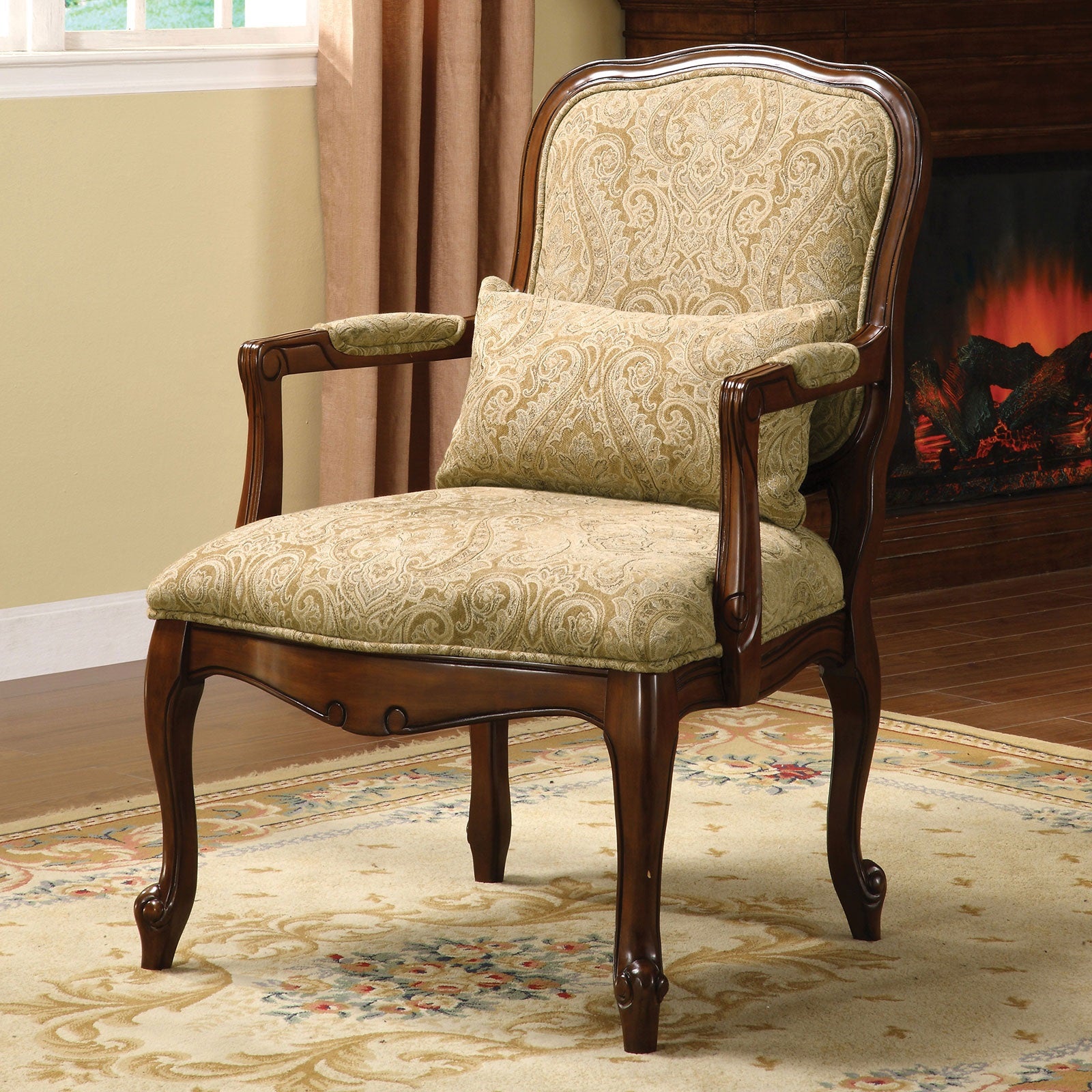Queen Anne Style Legs Traditional Accent Chair W Pillow Beige Fabric Dark Cherry Solid Wood Padded Seat 1Pc Arm Chair Beige,Cherry Primary Living Space Antique,Contemporary,Traditional Fabric,Solid Wood