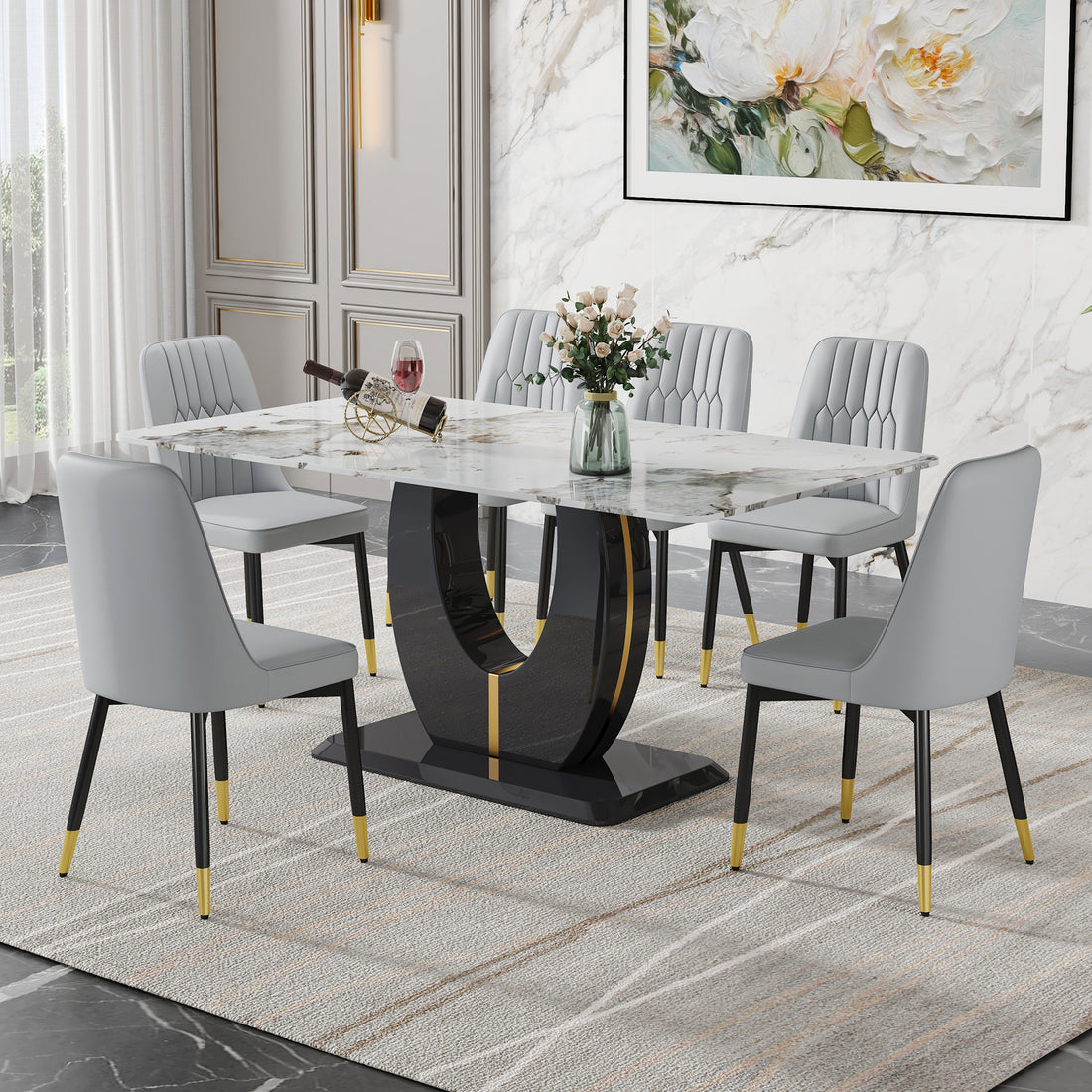 Table And Chair Set, Modern Dining Table, Patterned Table Top And Black Mdf Leg Table, Soft And Comfortable Dining Chair, Perfect For Dinner, Meetings, Home And Office Decor Grey Black Mdf Glass