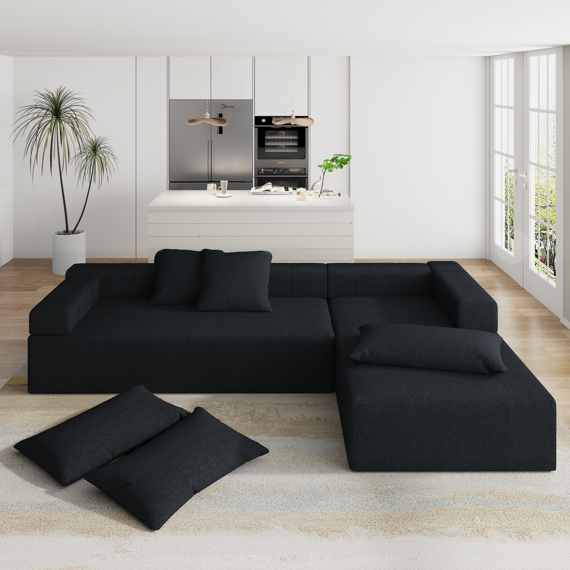 Modern Upholstered Sectional Sofa Couch Set,Modular 108" L Shaped Sectional Living Room Sofa Set With 6 Pillows,Free Combination Sofa Couch For Living Room,Bedroom Black Foam Chenille 3 Seat