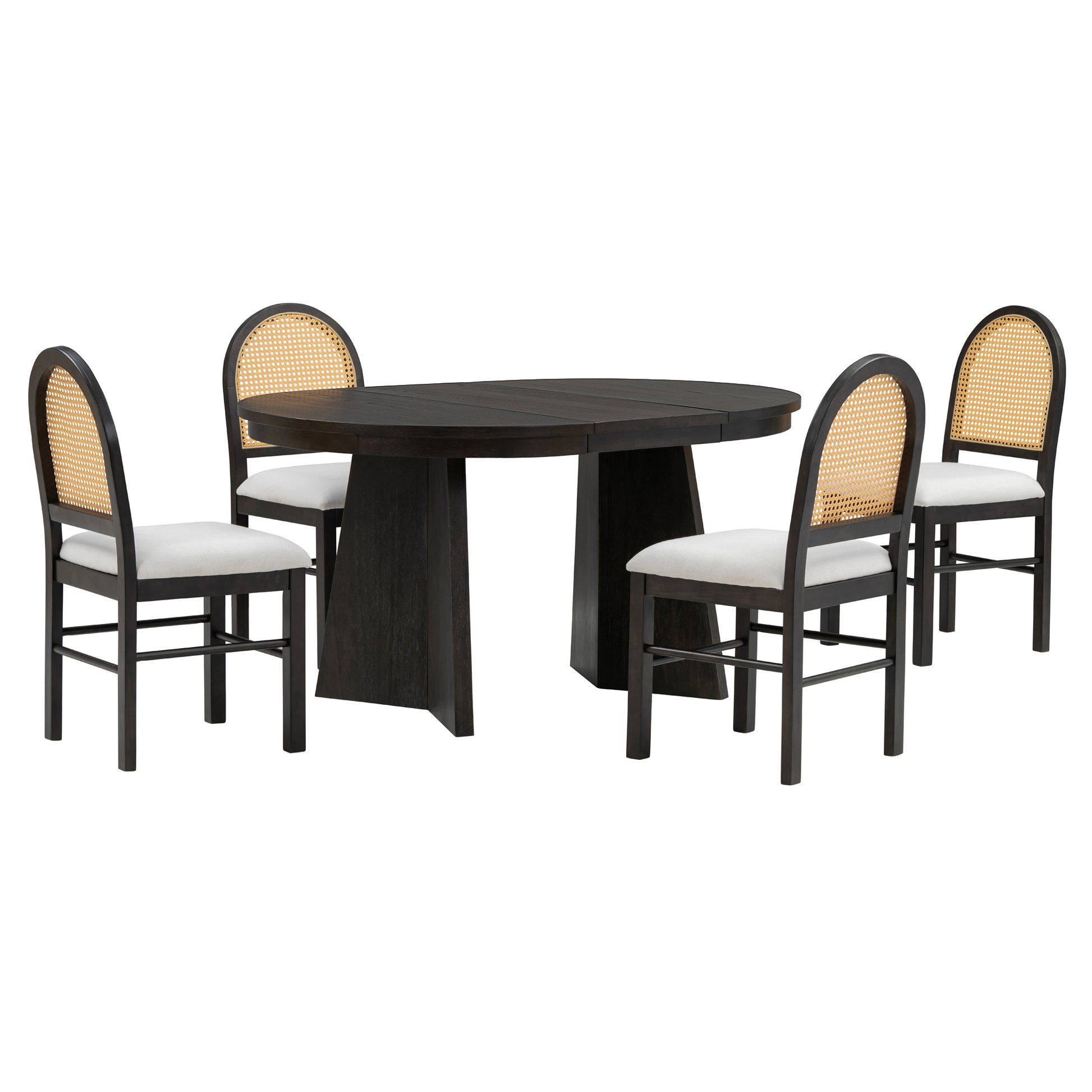 5 Piece Retro Functional Dining Set With 1 Extendable Dining Table And 4 Upholstered Chairs With Rattan Backrests For Dining Room And Kitchen Espresso Espresso Solid Wood Mdf