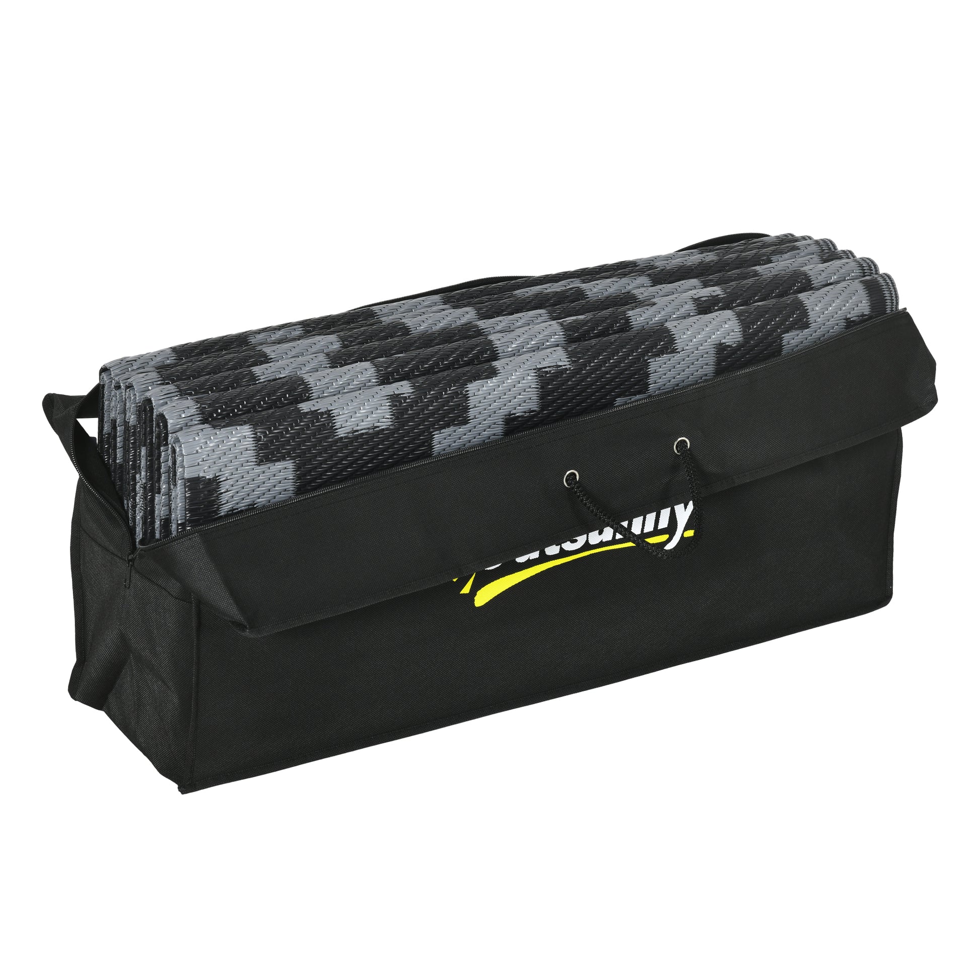 Outsunny Reversible Outdoor Rug, 9' X 18' Waterproof Plastic Straw Floor Mat, Portable Rv Camping Carpet With Carry Bag, Large Floor Mat For Backyard, Deck, Picnic, Beach, Black & Gray Geometric Multicolor Polypropylene