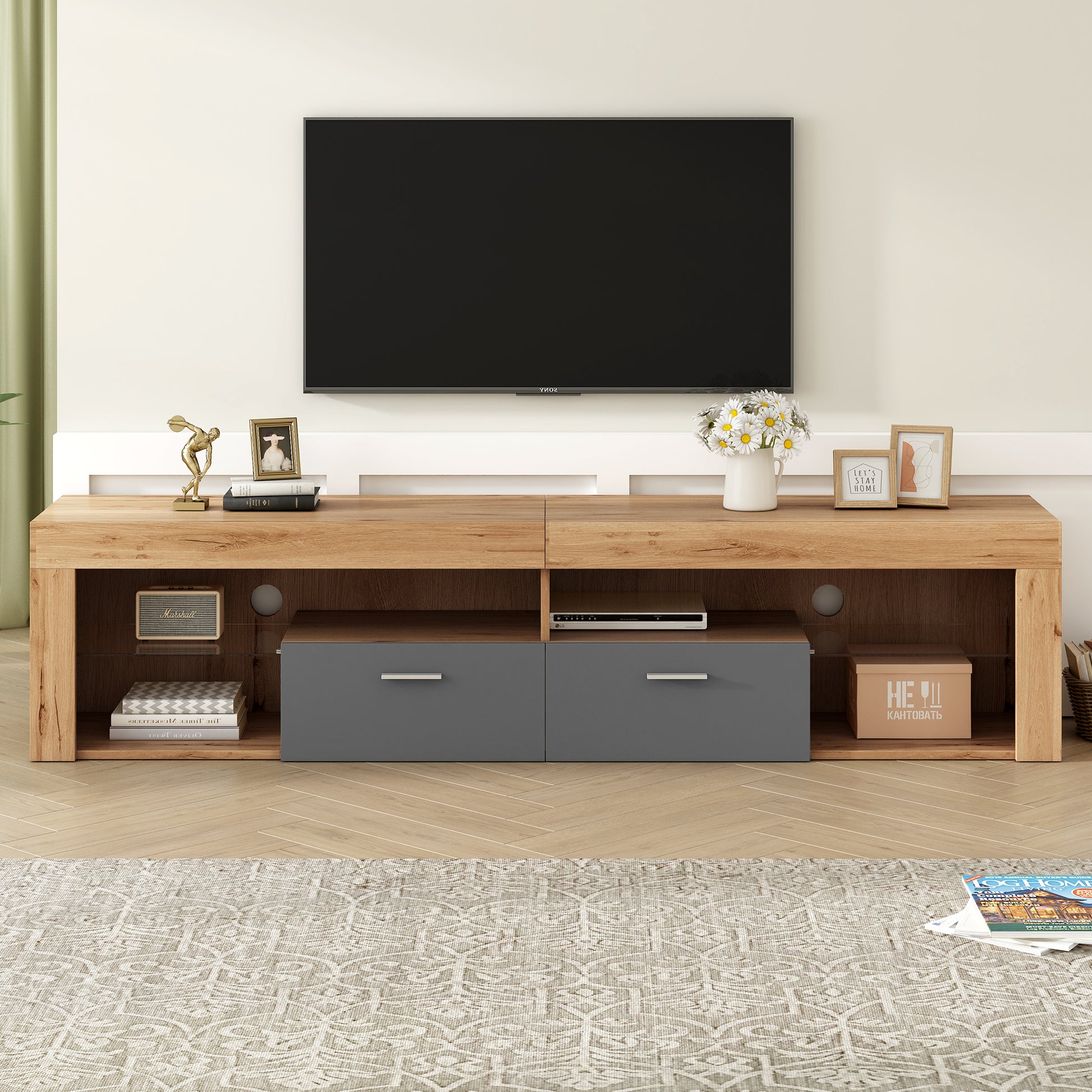 Modern Design Tv Stands For Tvs Up To 80'', Led Light Entertainment Center, Media Console With 6 Storage Cabinets, Tv Cabinet For Living Room, Bedroom, Home Theatre Black,Wood Brown Primary Living Space 70 79 Inches 70 79 Inches Modern 75 Inches Particle