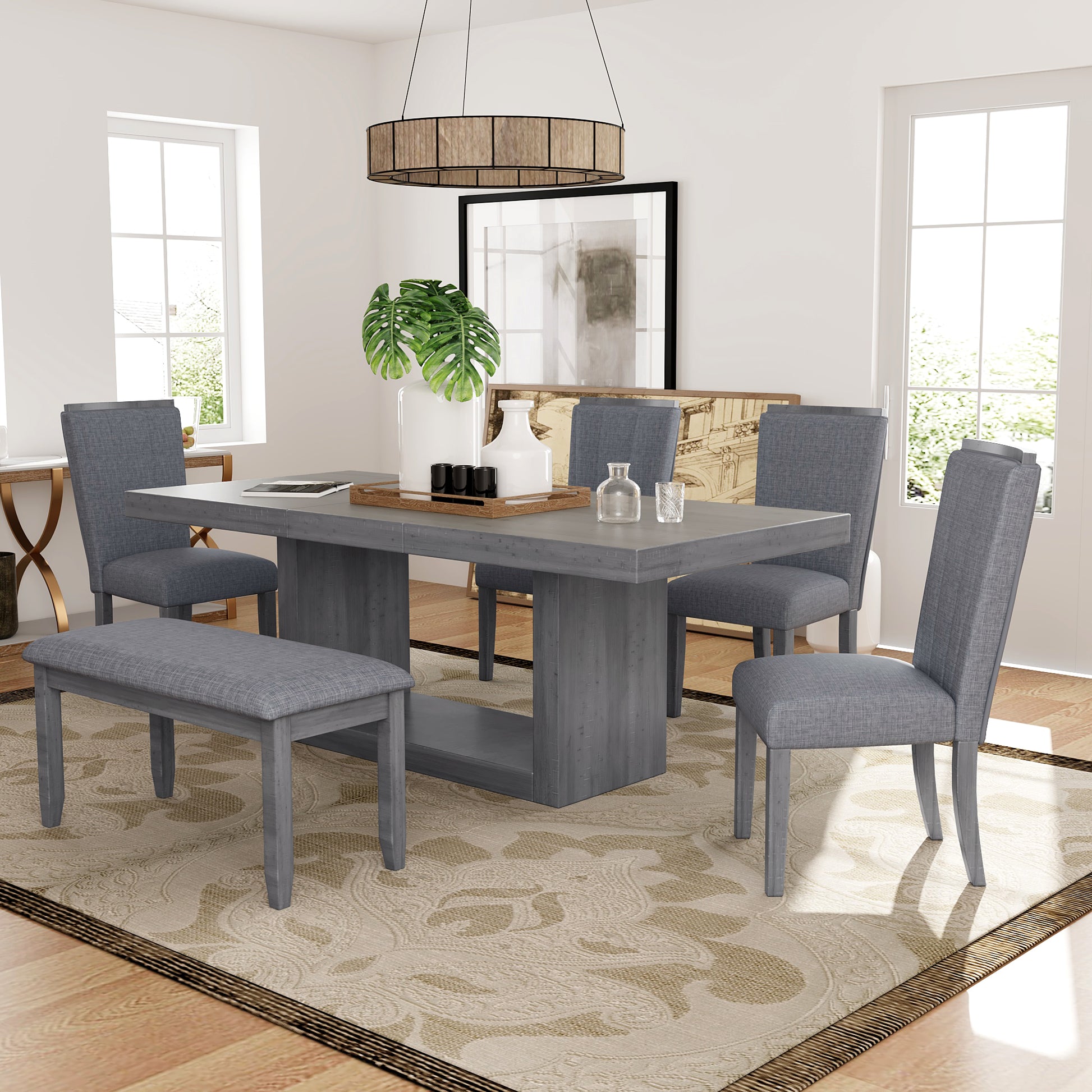 Contemporary 6 Piece 78inch Extendable Pedestal Dining gray-wood-dining room-solid