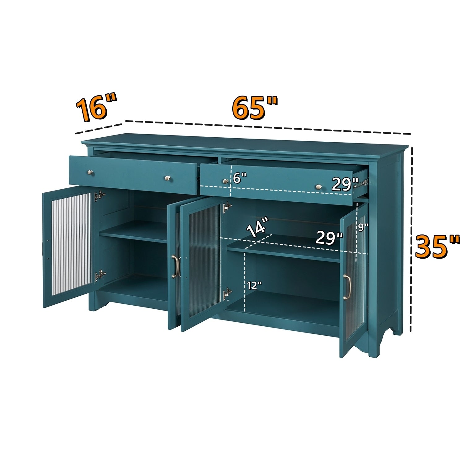 65" Tv Console, Storage Buffet Cabinet, Sideboard With Glass Door And Adjustable Shelves, Console Table, Teal Blue Teal Blue Primary Living Space Modern Mdf Glass