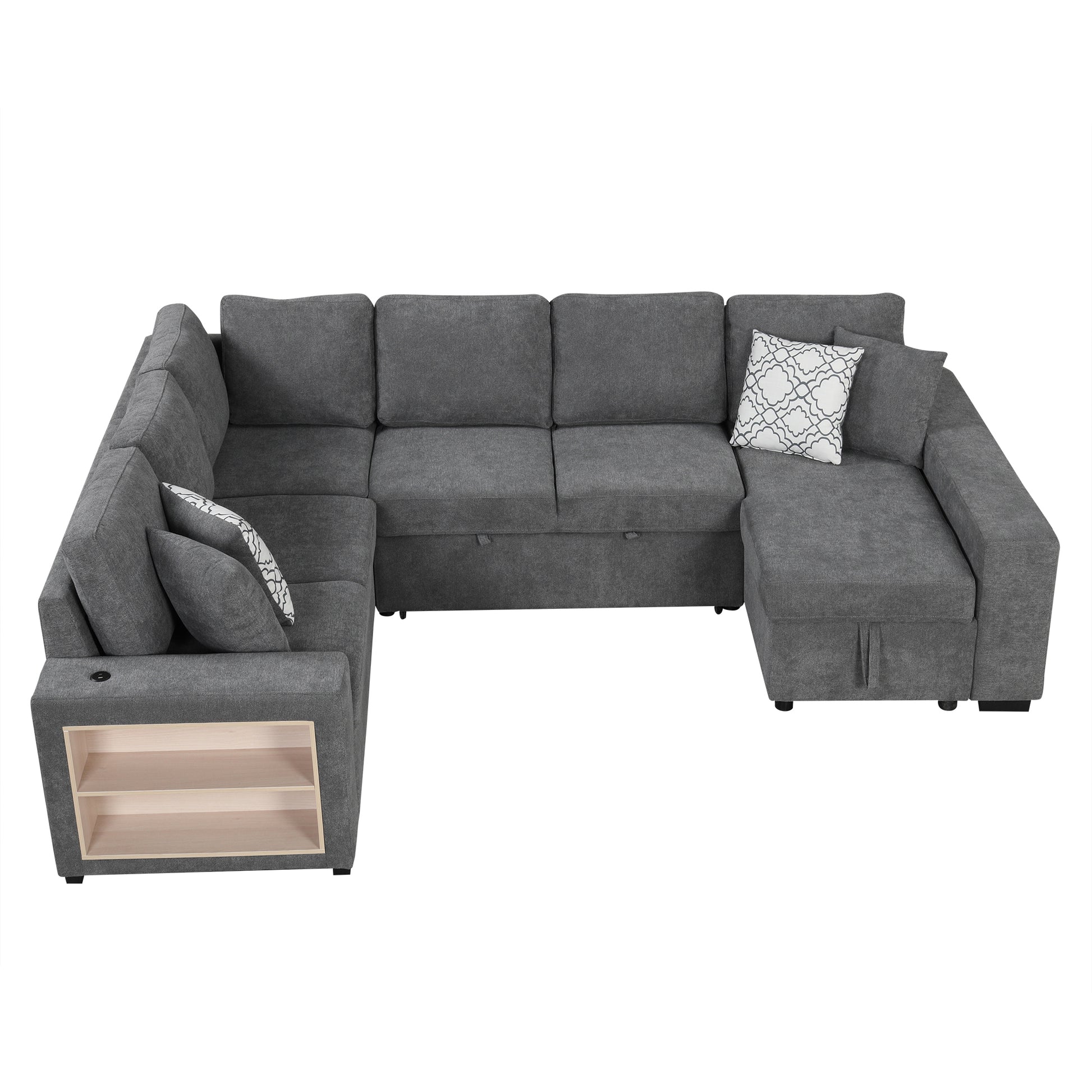 109" U Shaped Sectional Sofa Pull Out Sofa Bed With Two Usb Ports, A Storage Chaise Lounge And Four Back Pillows For Living Room, Grey Grey Foam Chenille 5 Seat