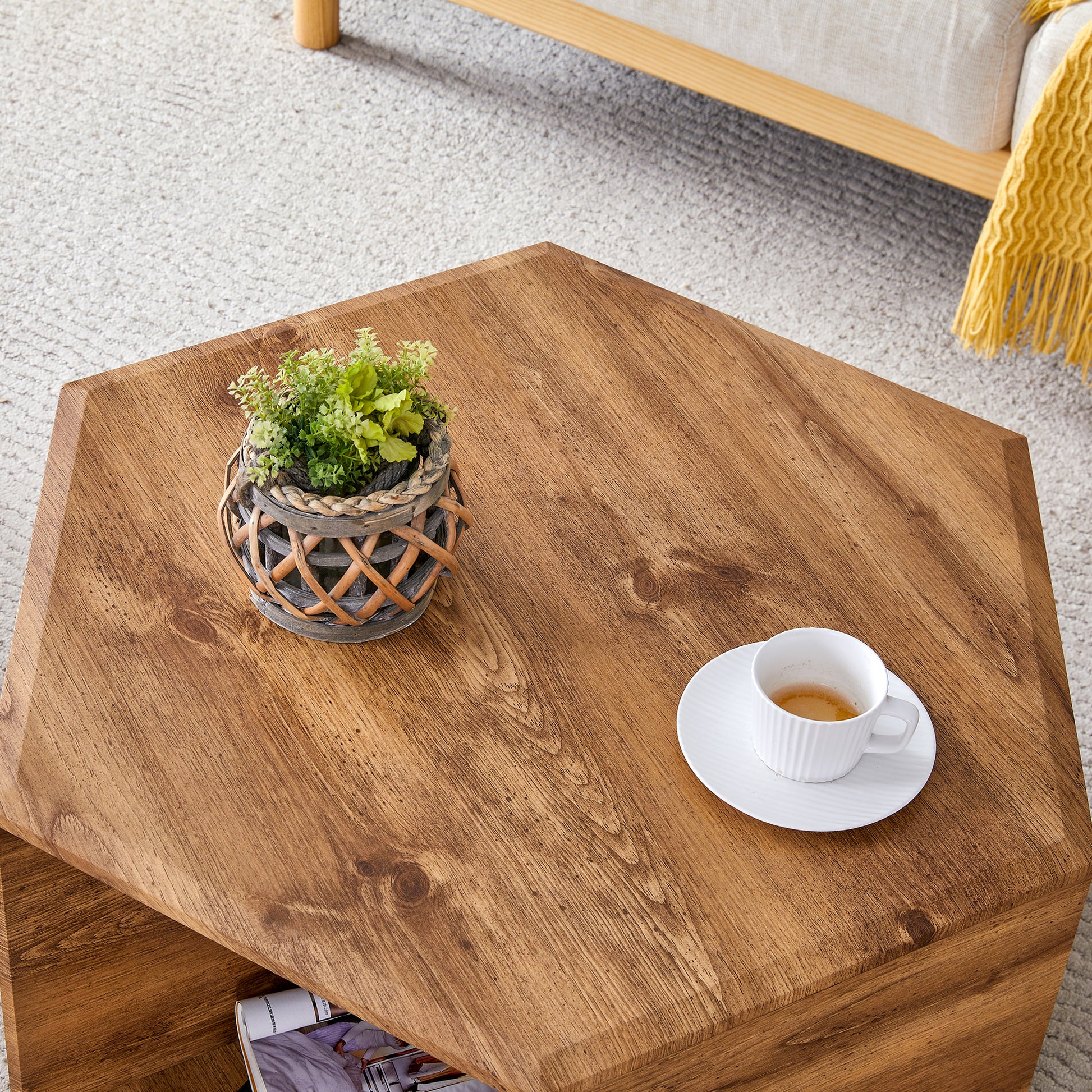 Hexagonal Mdf Coffee Table, Characteristic Pattern Stickers, Multi Hole Design To Give More Storage Space, Simple And Convenient Design Makes It Suitable For All Kinds Of Style Scenes. Wood Mdf