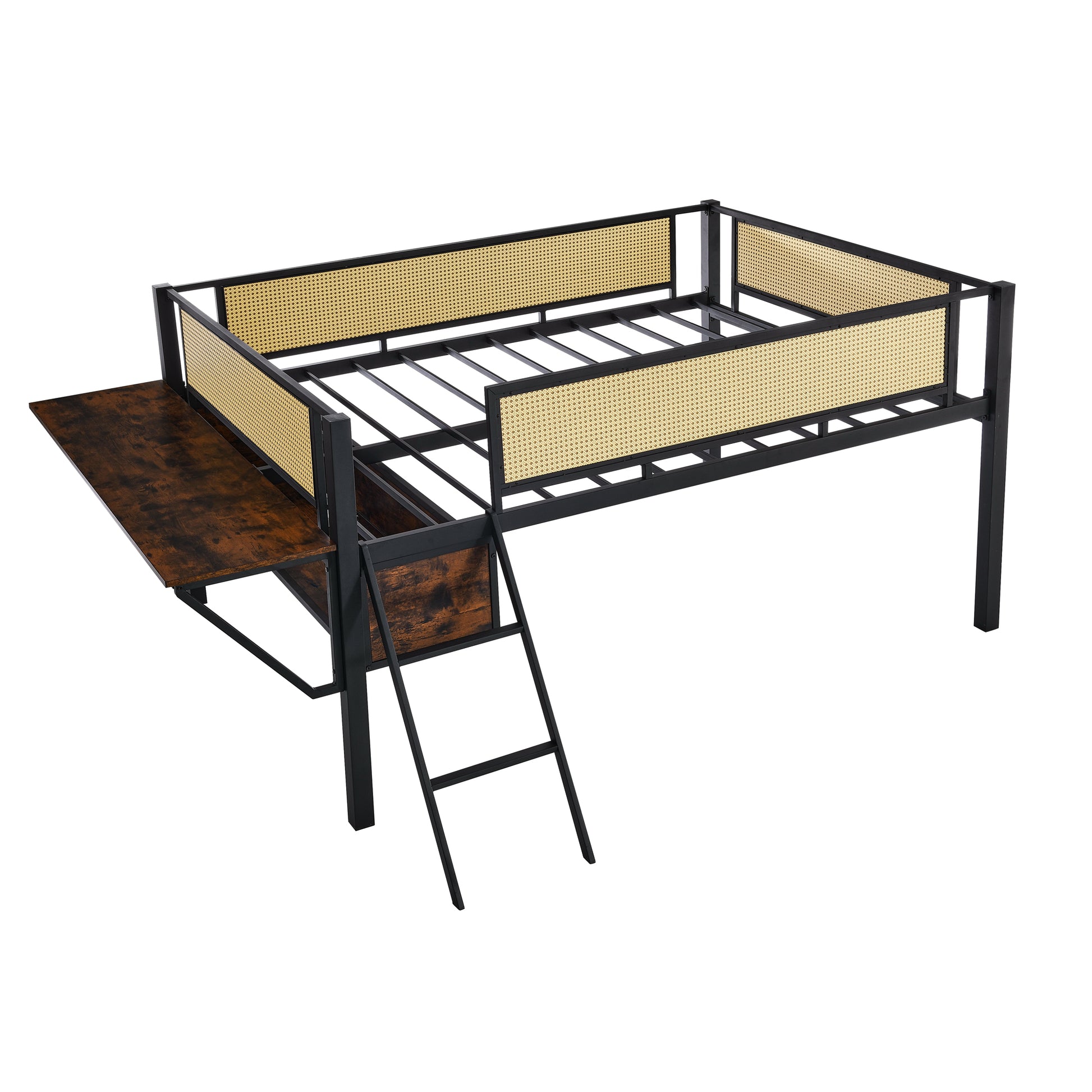 Single Metal Loft Bed With Rectangular Desk, Led Lights, Led Loft Bed Frame Double Bed With Storage Shelves And Hanging Storage Compartments, Safety Guard And Ladder, No Box Springs Required, Rattan G Full Black Brown Mdf Iron