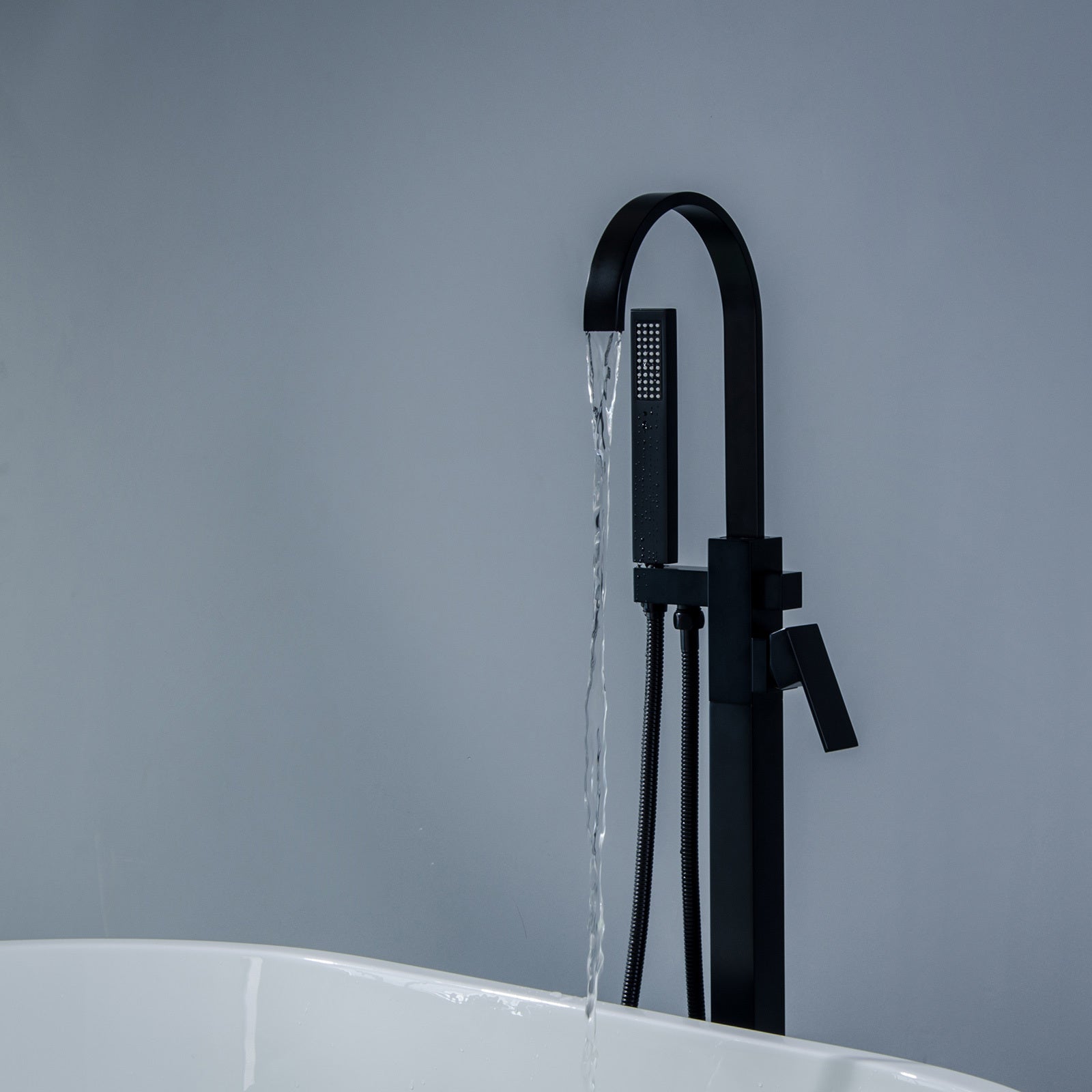 Matte Black Waterfall Freestanding Tub Filler Floor Mount Bathtub Faucet With Handheld Sprayer Matte Black Brass