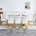 Table And Chair Set.Large Modern Rectangular Table With 0.4 Inch Patterned Glass Tabletop And Large Mdf Table Legs.Comes With 8 Chairs With Faux Leather Cushioned Seats And Golden Metal Legs. Gold White Seats 8 Mdf Glass