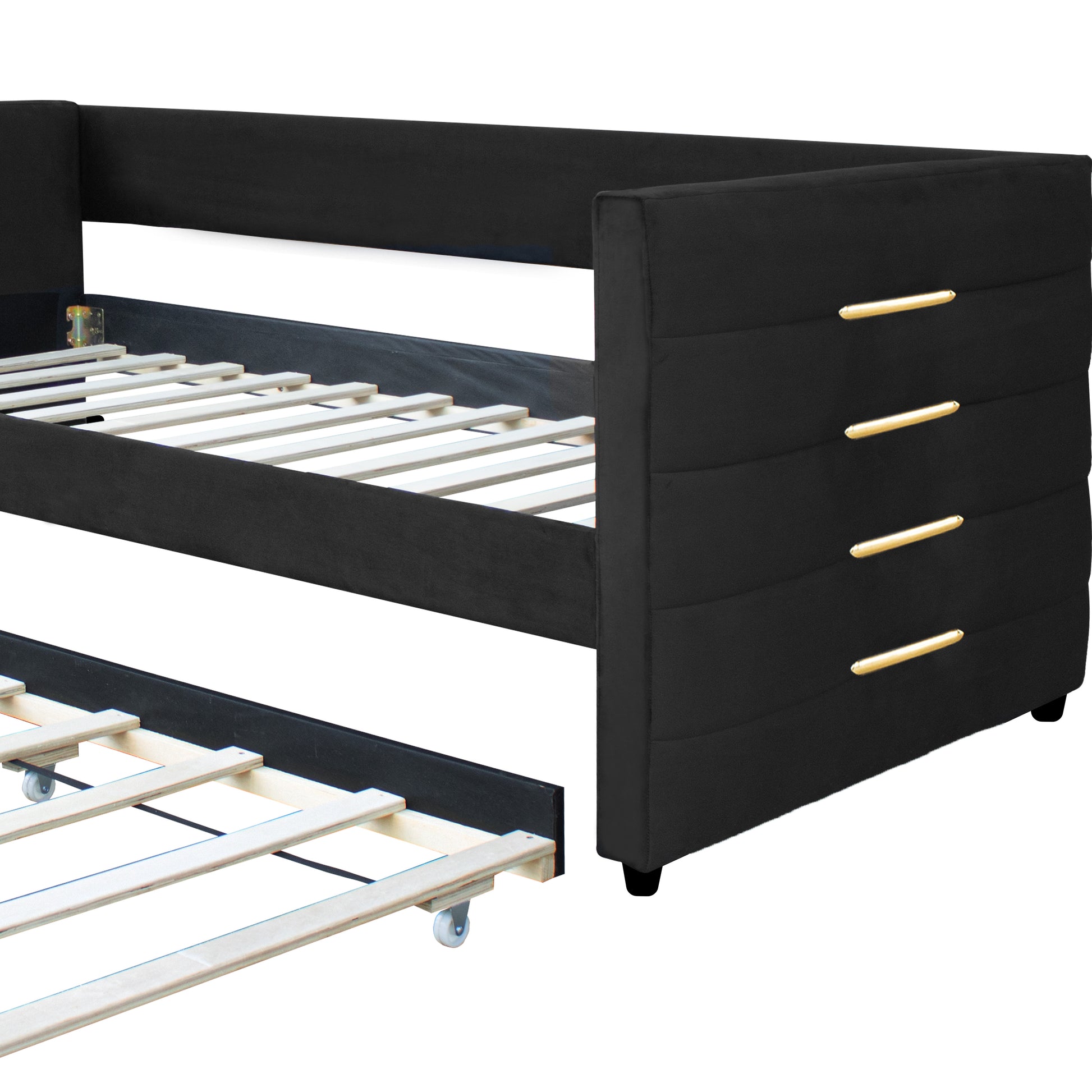 Black Upholstered Twin Size Daybed With Trundle, Velvet Fabric, Gold Iron Bar Design, No Springs Required, Moderen Style Box Spring Not Required Twin Black Wood Espresso Bedroom Minimalist,Modern,Ultra Modern Rubberwood Fiber Foam And Polyester Fiber Pad