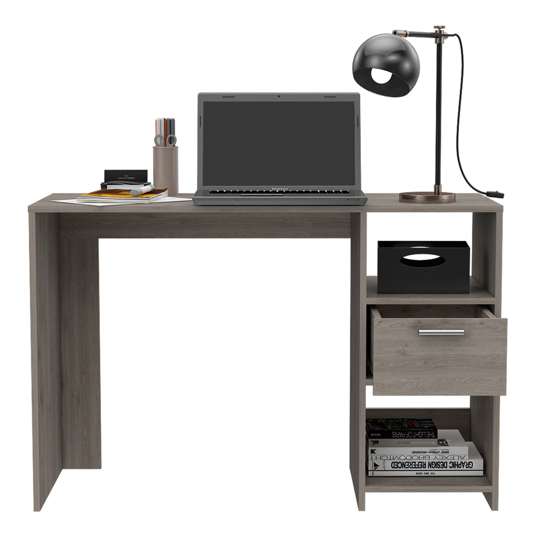 Arlington Computer Desk With 2 Open Storage Shelves And Drawer With Handle Gray Computer Desk Office Contemporary Rectangular Drawers Computer Tables Rectangular Melamine Engineered Wood