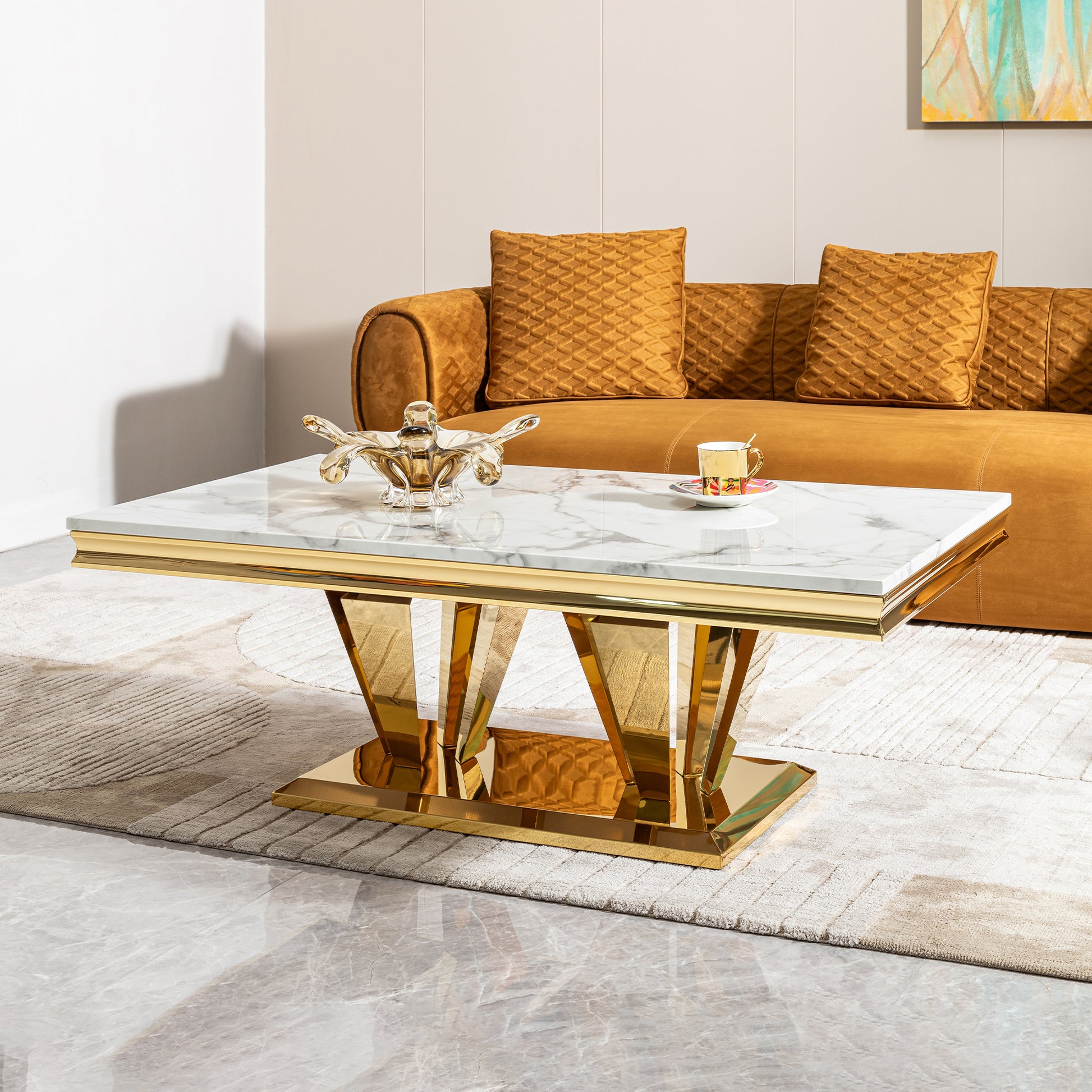 51.18" Modern Rectangular 0.78" Thick Mdf Marble Pattern Top, Coffee Table Stainless Steel Base With Gold Mirror Finish Gold Primary Living Space Modern Coffee & End Tables Rectangular Stainless Steel