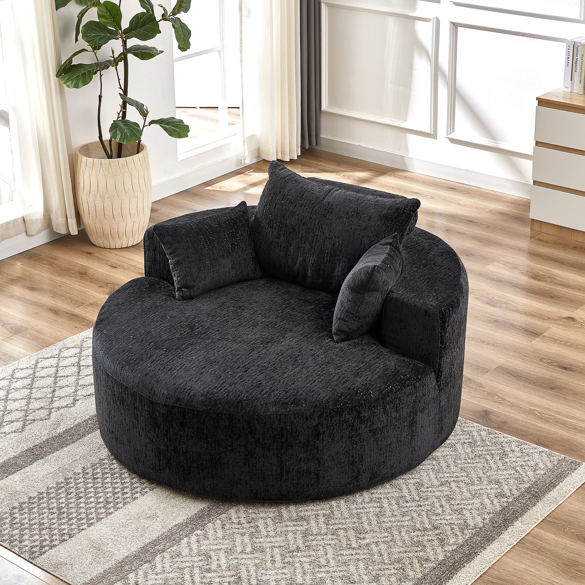 55''L Chenille Sponge Single Sofa,No Assembly Required,Fluffy Modern Sleeper Chair For Living Room, Bedroom, Lounge And Projection Room Not A Swivel Chair. Black Foam Chenille 1 Seat