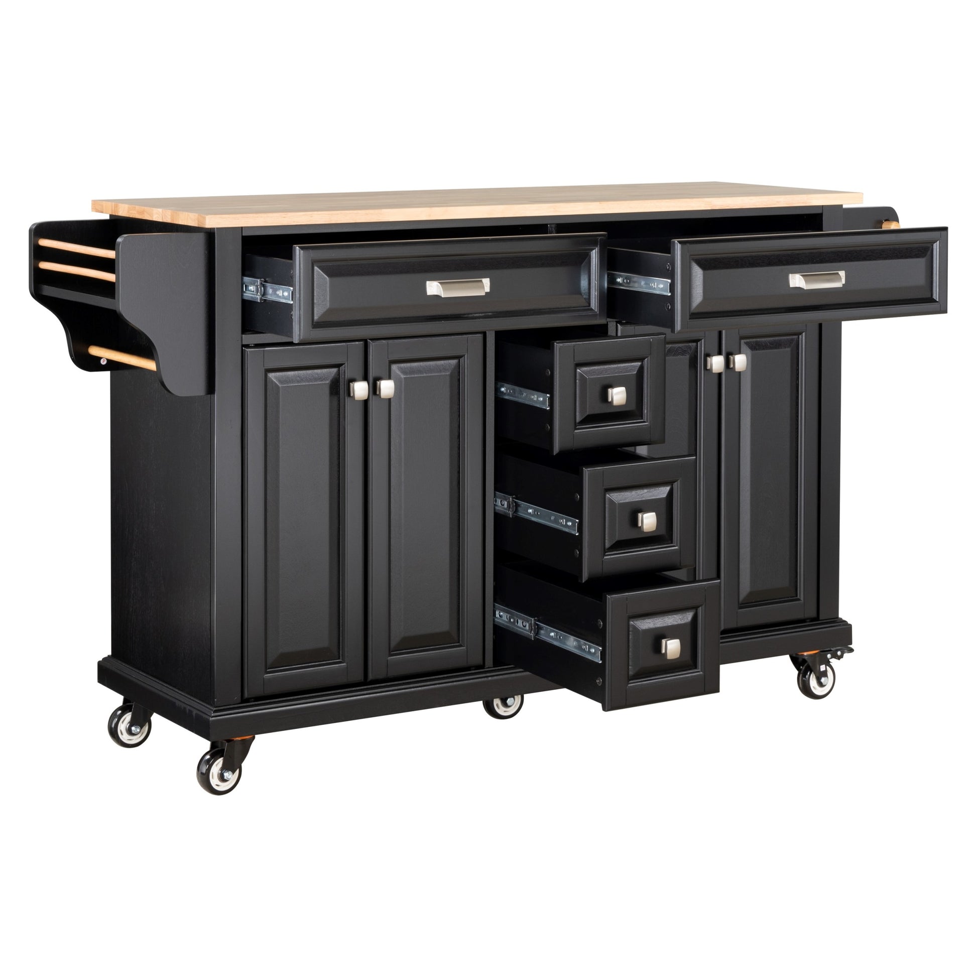 Kitchen Island With Rubber Wood Countertop, Kitchen Cart On 5 Wheels With Storage Cabinet And 5 Drawers For Dinning Room, Black Black Dining Room Rectangular Rubberwood Solid Wood Mdf Large 56 In