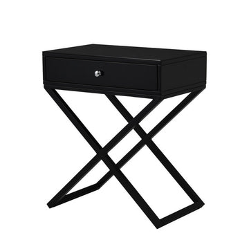 Zeno 27 Inch 1 Drawer Nightstand, Glass Top, Metal Cross Legs, Modern Black Black Silver Mdf Metal