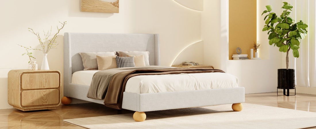 Modern Boucle Upholstered Platform Bed With Wingback Headboard And Round Wooden Legs, Beige,Queen Size Box Spring Not Required Queen Beige Wood Bedroom Modern Bed Frame Boucle Wood