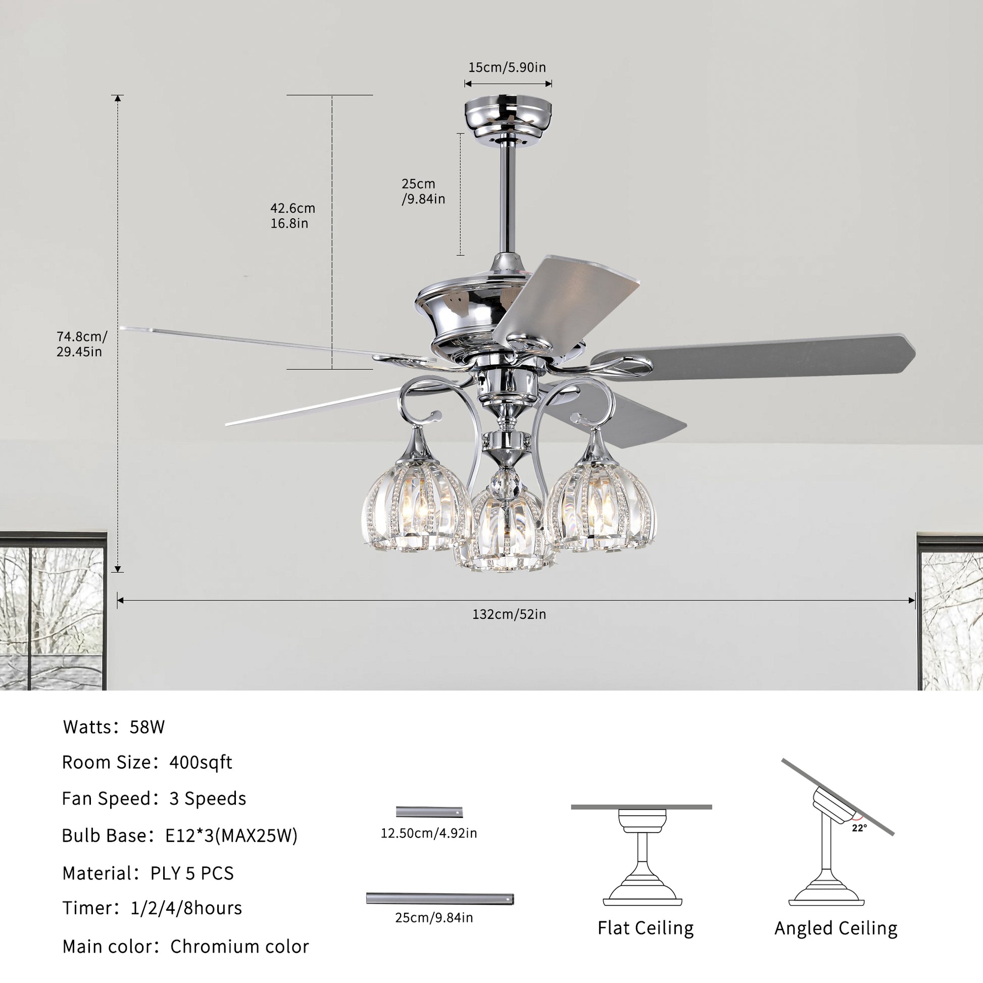 52'' Crystal Ceiling Fan Lamp With Remote Control 3 Speed High, Mid, Low , 5 Reversible Blades For Living Room, Dining Room, Bedroom, Family Room, Chrome ,3Pcs*E26 No Include Bulb Chrome American Traditional,Antique,Classic,Contemporary Plywood Metal