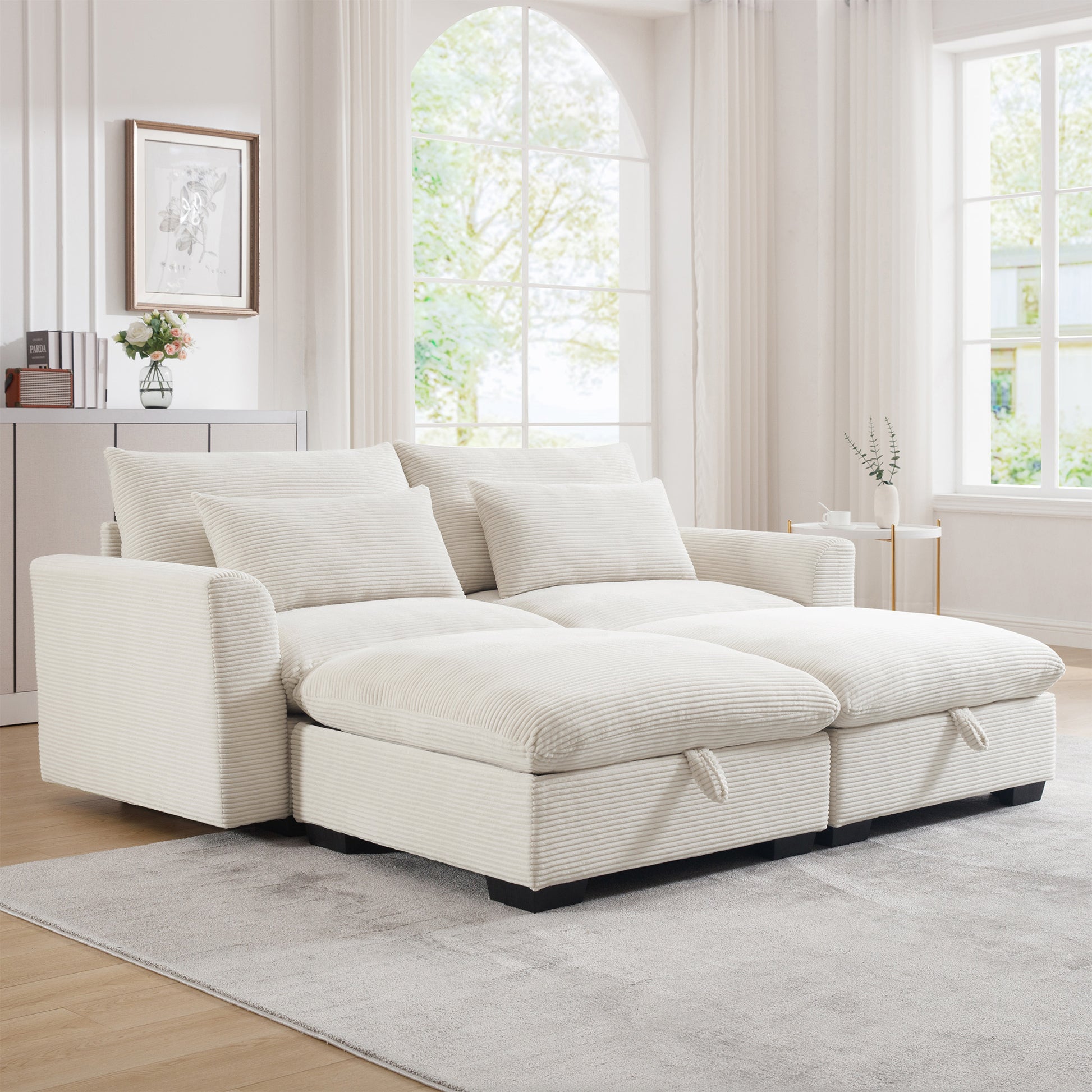 Corduroy Two Seater Sofa With 2 Storage Footrest, 2 Seater Sectional Deep Seat Sofa,Comfy Couches For Living Room ,Beige Sofa Beige Corduroy 2 Seat