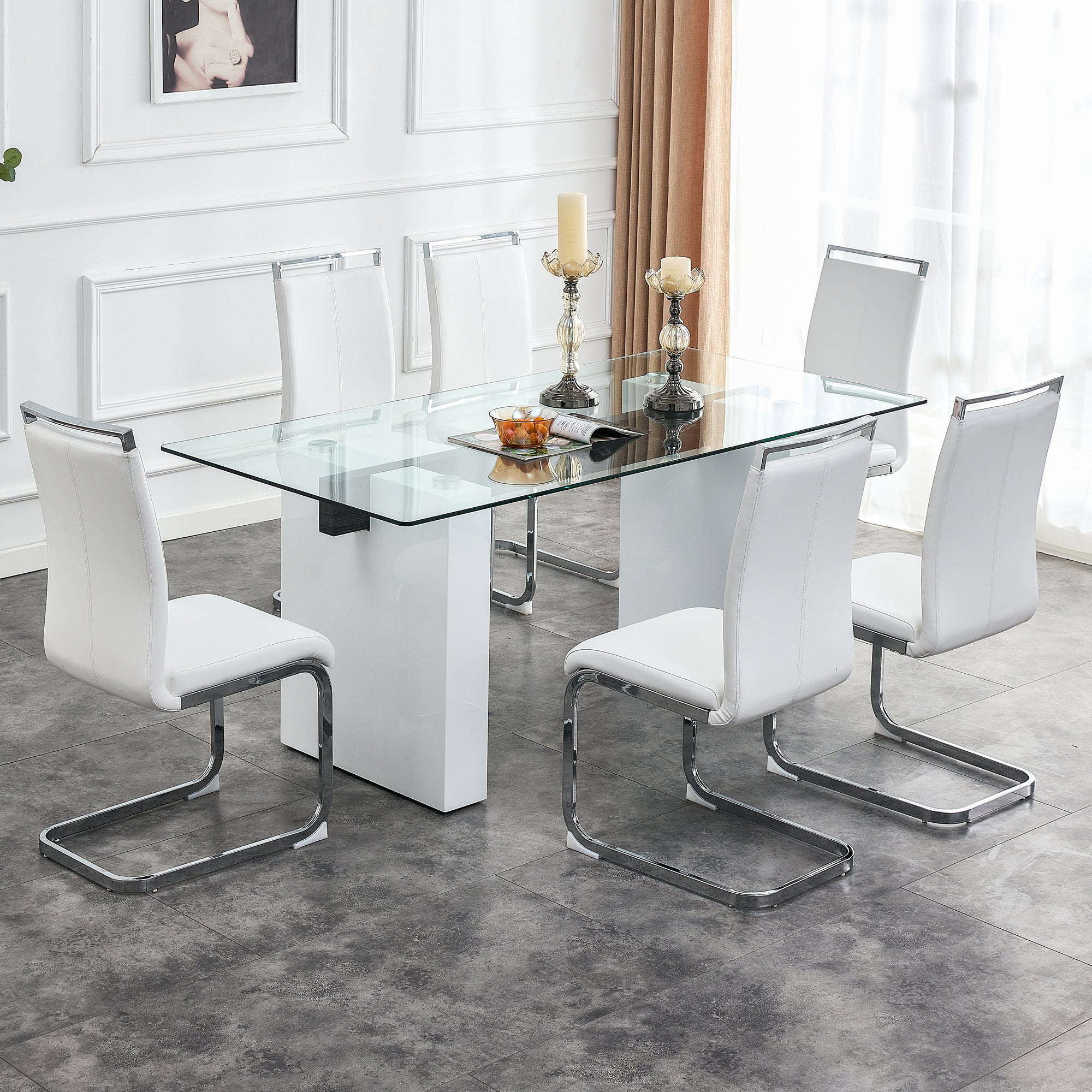 Table And Chair Set. Large Modern Rectangular Table With Glass Top And Large Mdf Legs. Comes With 6 Chairs With Faux Leather Upholstered Seats And Silver Metal Legs. White Seats 6 Mdf Glass