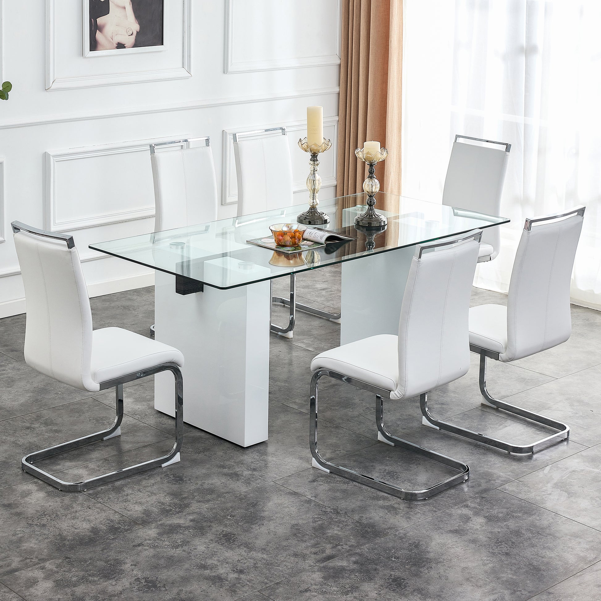 Table And Chair Set. Large Modern Rectangular Table With Glass Top And Large Mdf Legs. Comes With 6 Chairs With Faux Leather Upholstered Seats And Silver Metal Legs. White Seats 6 Mdf Glass