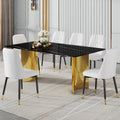 Table And Chair Set.The Table Has A Glass Top With Imitation Marble Pattern Stickers And Stainless Steel Golden Legs. Paried With Chairs With Pu Artificial Leather Backrest Cushions And Black Legs. Black Gold Seats 6 Glass Metal