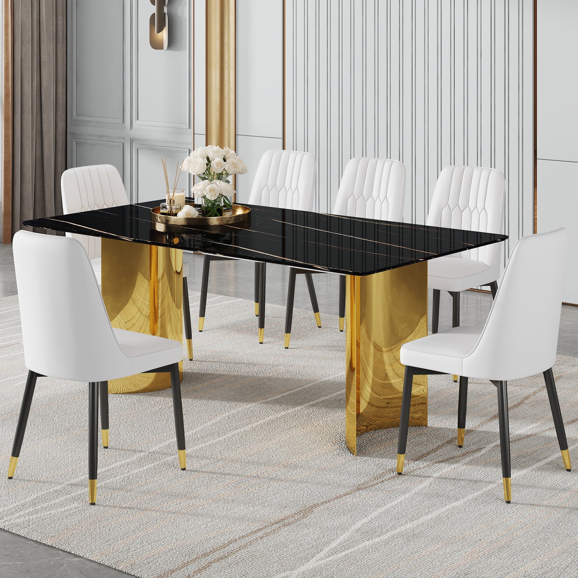 Table And Chair Set.The Table Has A Glass Top With Imitation Marble Pattern Stickers And Stainless Steel Golden Legs. Paried With Chairs With Pu Artificial Leather Backrest Cushions And Black Legs. Black Gold Seats 6 Glass Metal