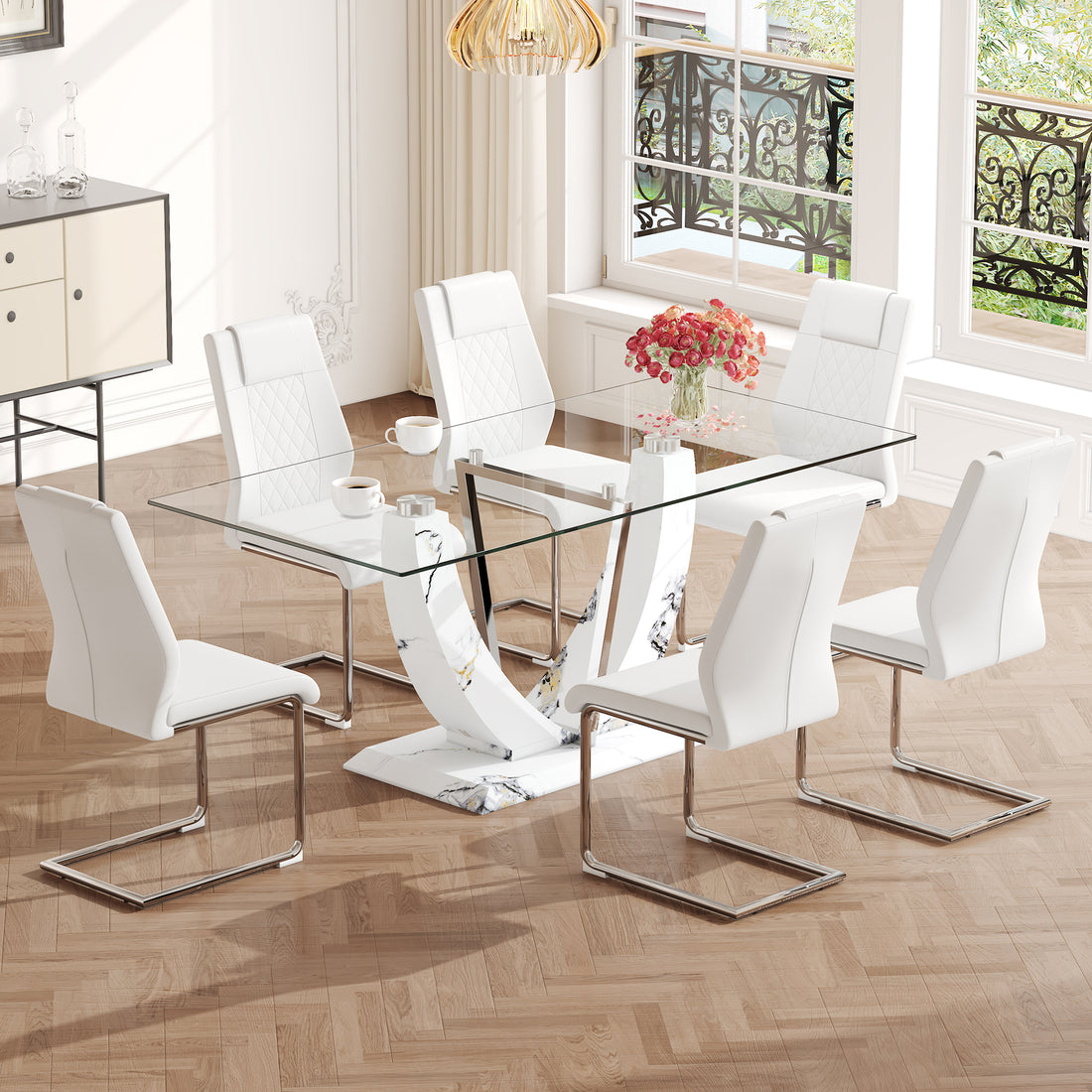 Table And Chair Set, Large Modern Rectangular Glass Table, Can Accommodate 6 8 People, Equipped With A 0.39 Inch Tempered Glass Tabletop And Mdf Table Legs.Paired With Comfortable And Soft Chairs. White Mdf Glass