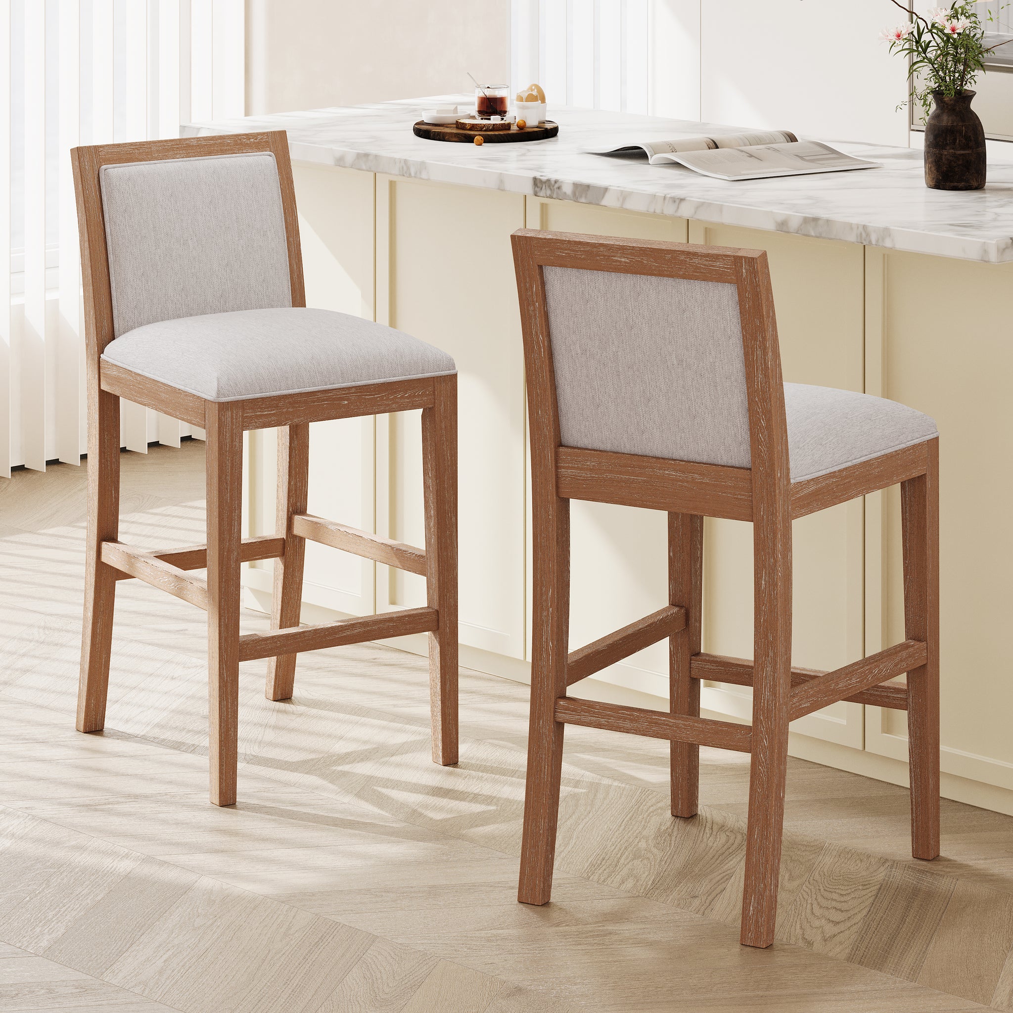 30.5 Inch Height Bar Stools Set Of 2, Rubber Wood Frame,Fabric Sponge Cushion And Upholstered Barstools, Retro Bar Chairs Suitable For Kitchen Island,Bedroom,Dining Room. Rubberwood Beige,Wood