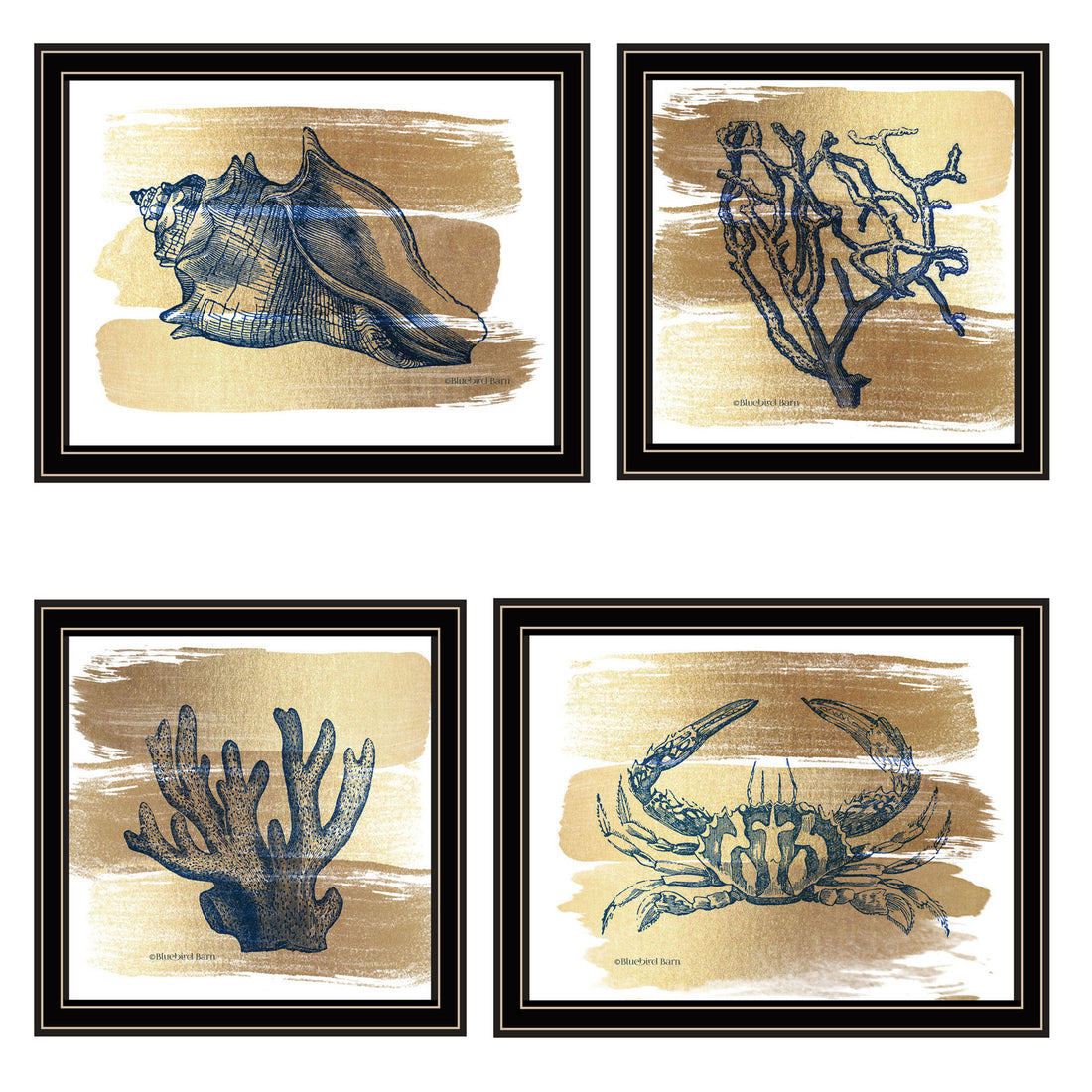 4 Pc Vignette Gold Sea Collection Black Framed Wall Art For Living Room, Bedroom Wall Art Print For Home Decor By Bluebird Barn Multi Wood Paper