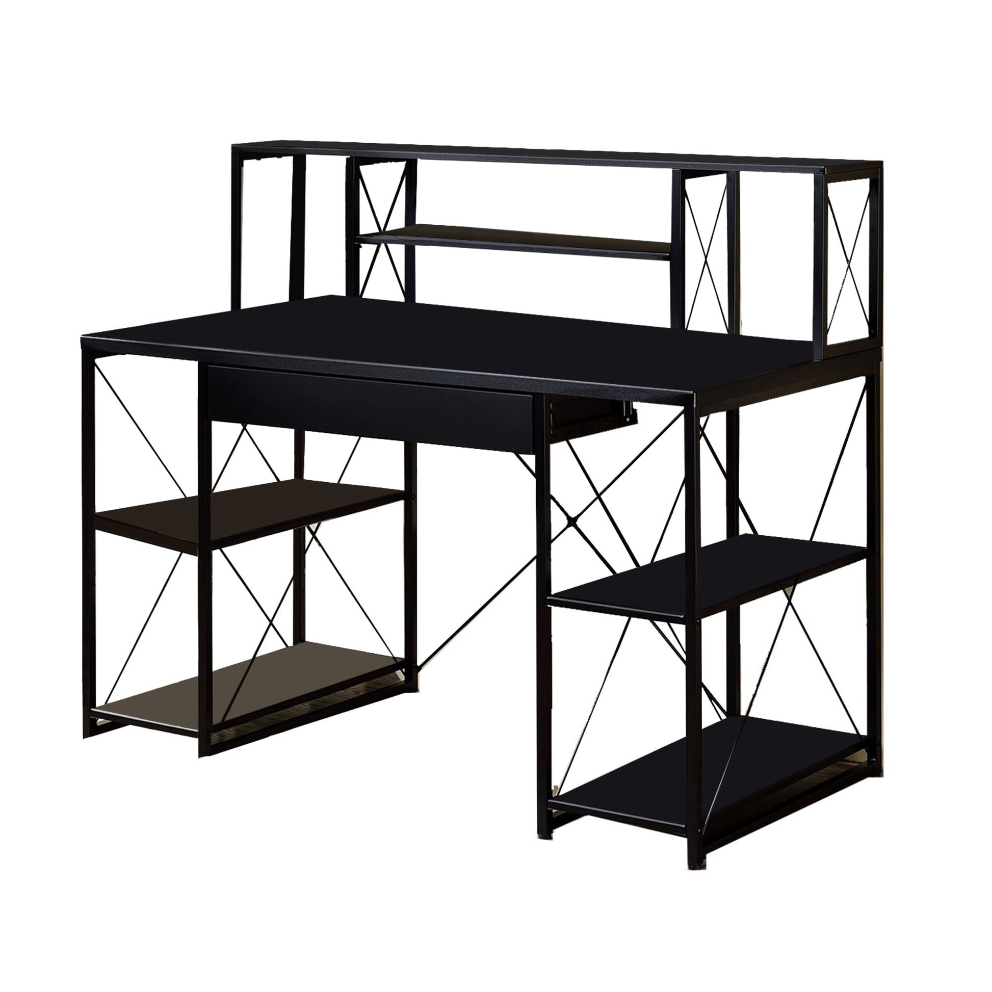 Industrial Style Desk With 4 Open Selves And Bookcase Hutch, Black Black Wood Metal